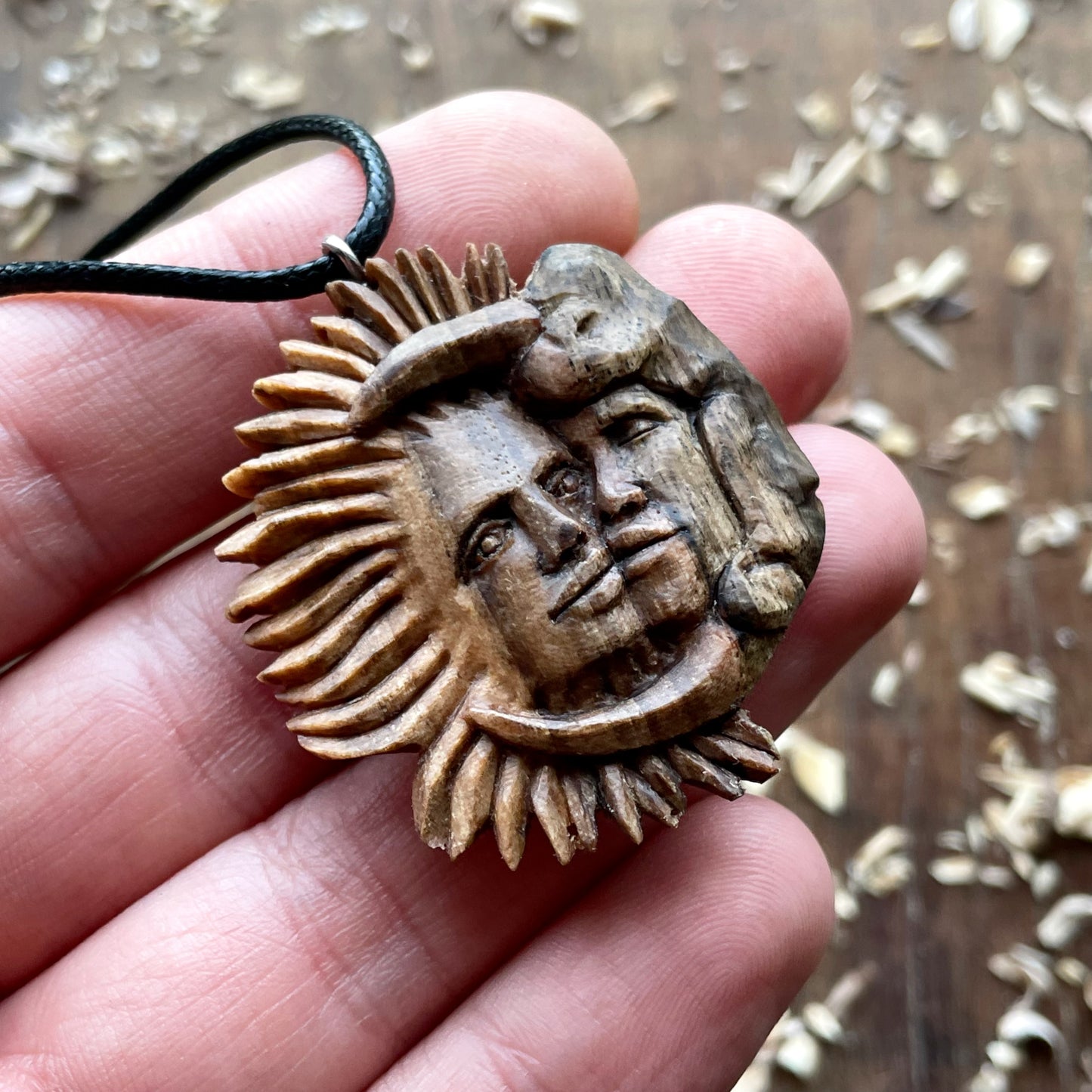 Sun And Moon Walnut Wood Pendant
