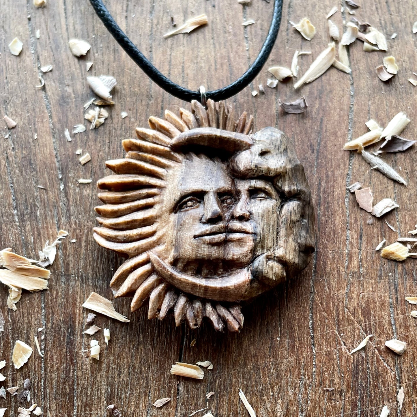 Sun And Moon Walnut Wood Pendant