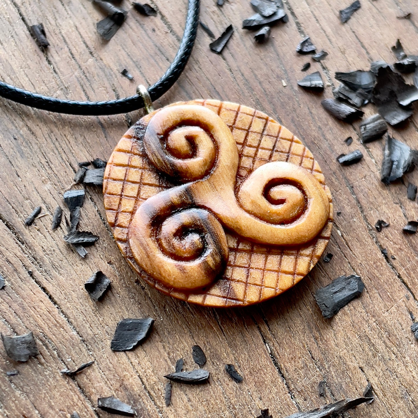 Triskelion And Triquetra Olive Wood Pendant