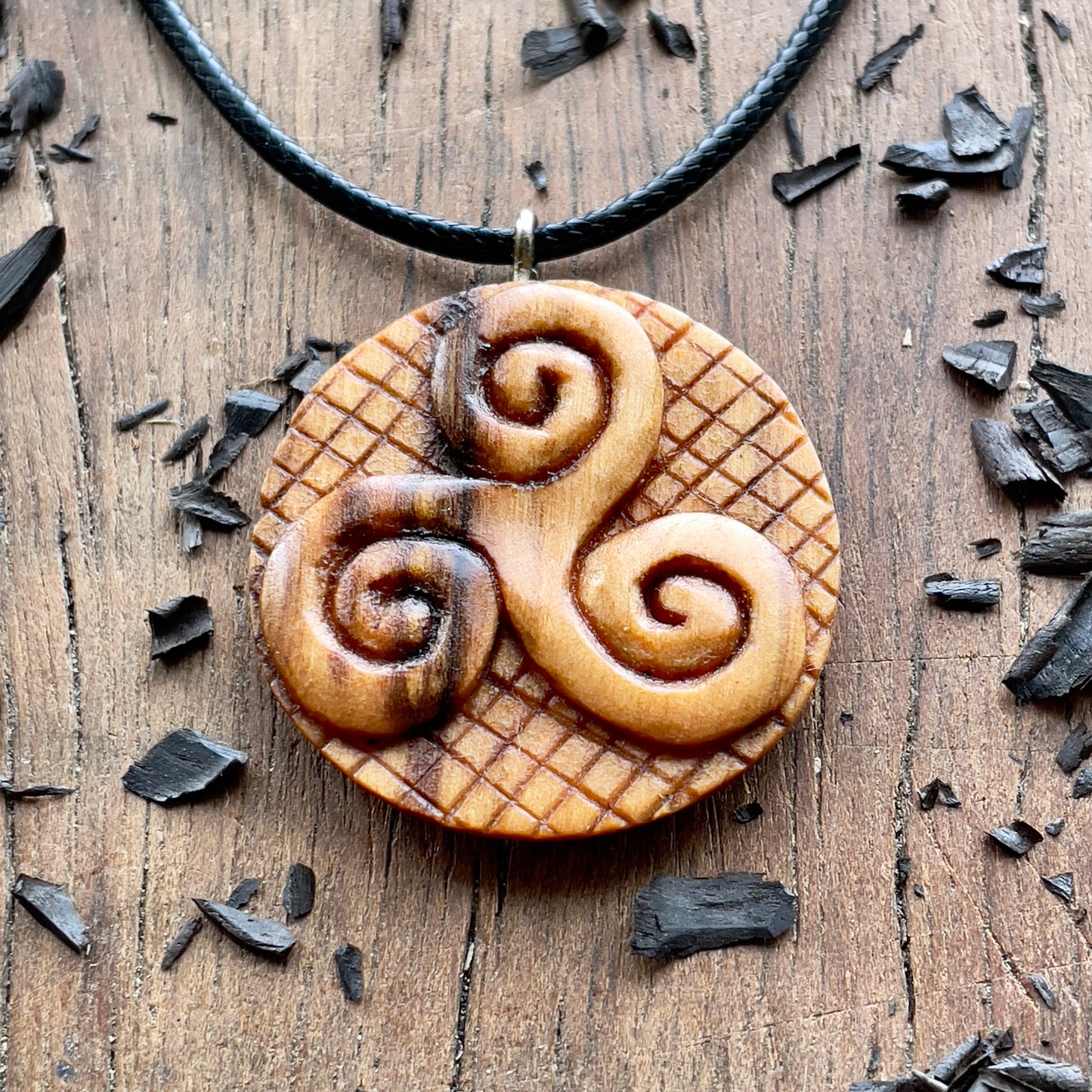 Triskelion And Triquetra Olive Wood Pendant