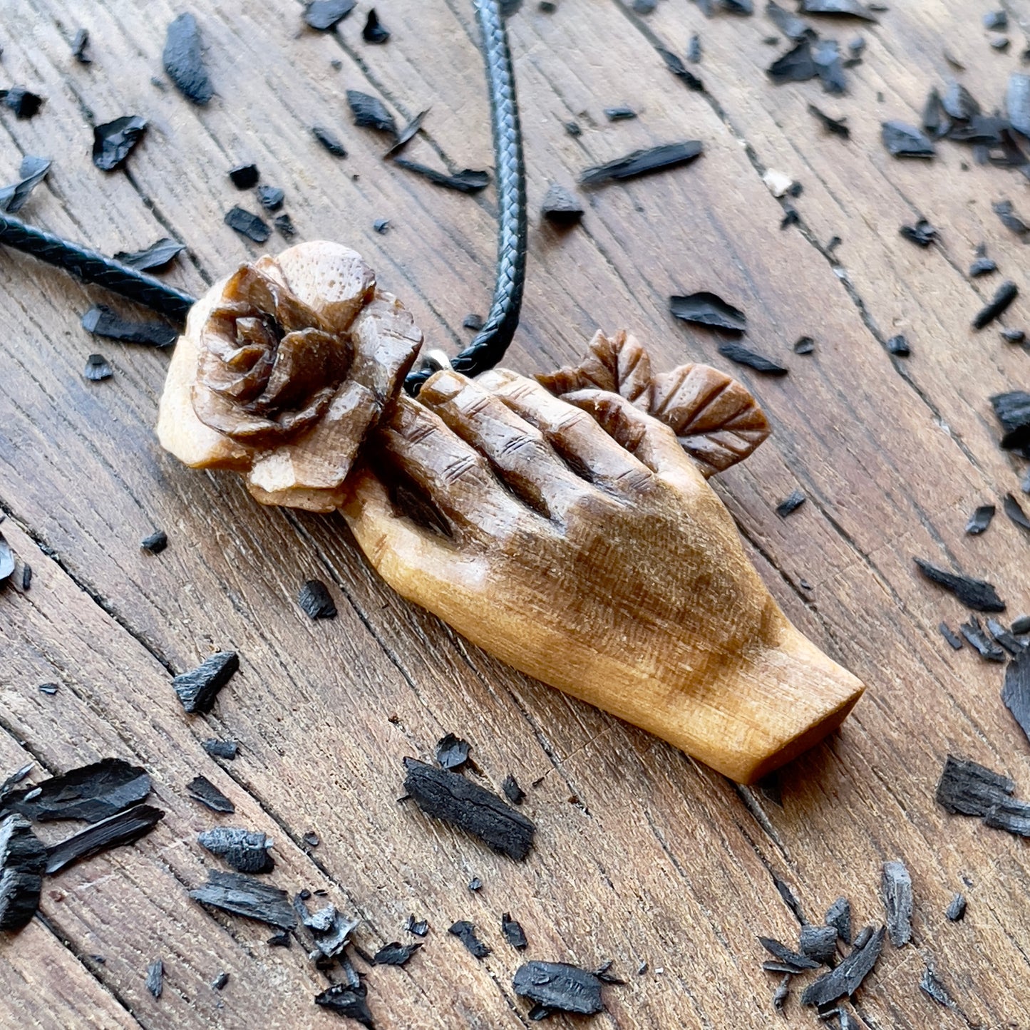 Hand With Rose Walnut Wood Pendant