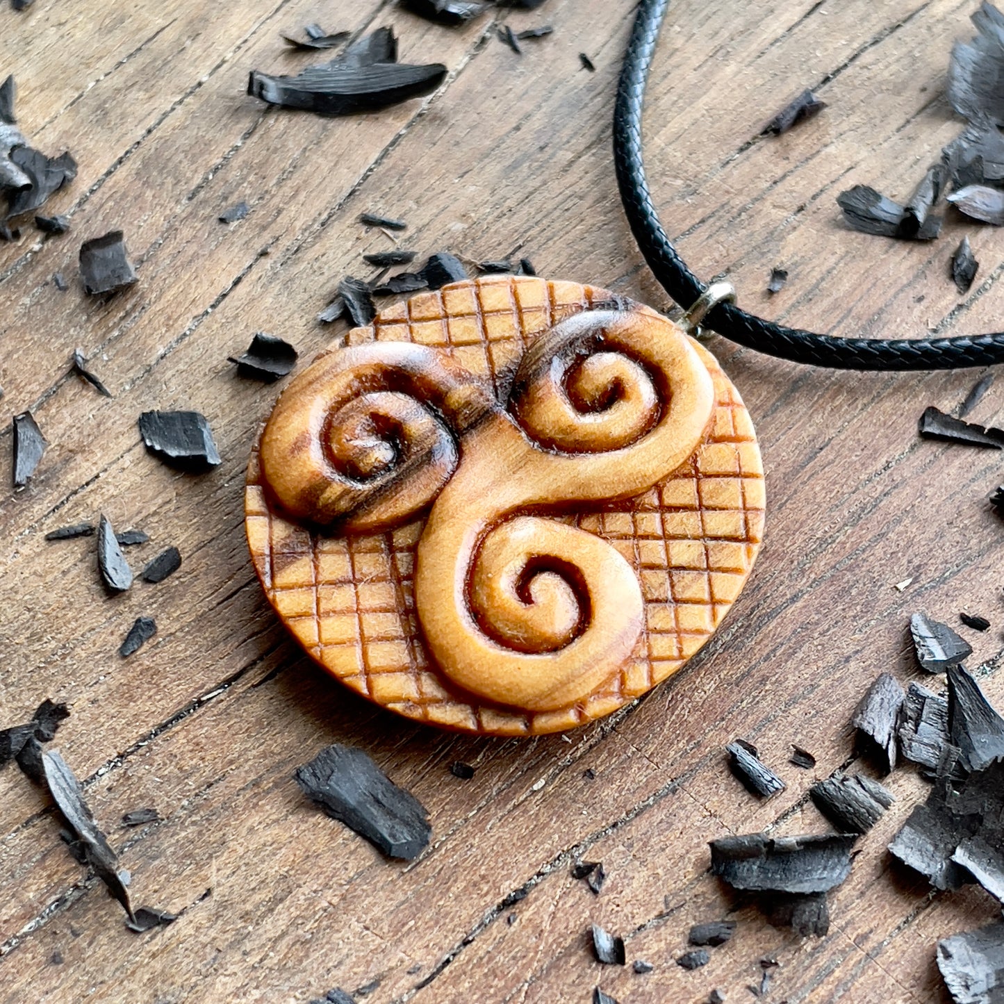 Triskelion And Triquetra Olive Wood Pendant