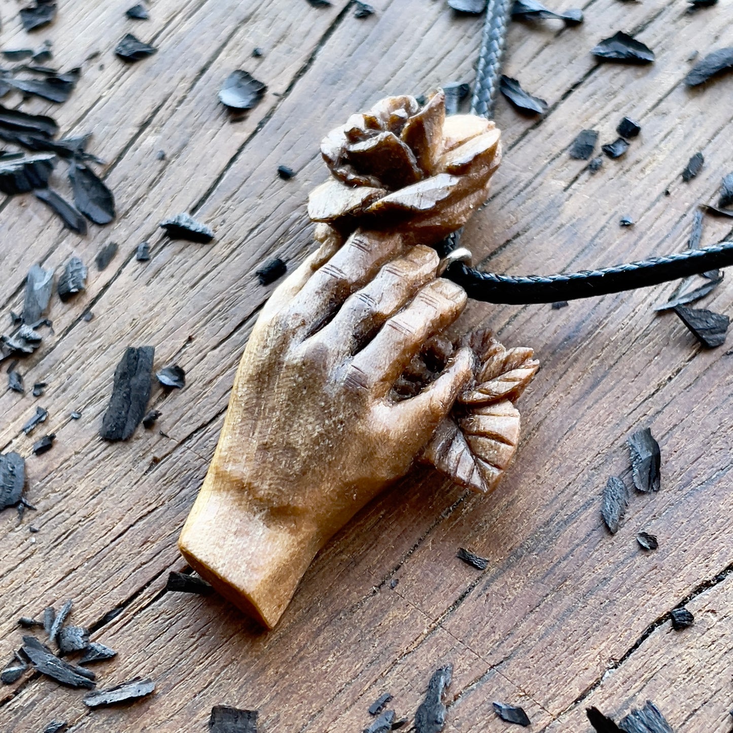 Hand With Rose Walnut Wood Pendant