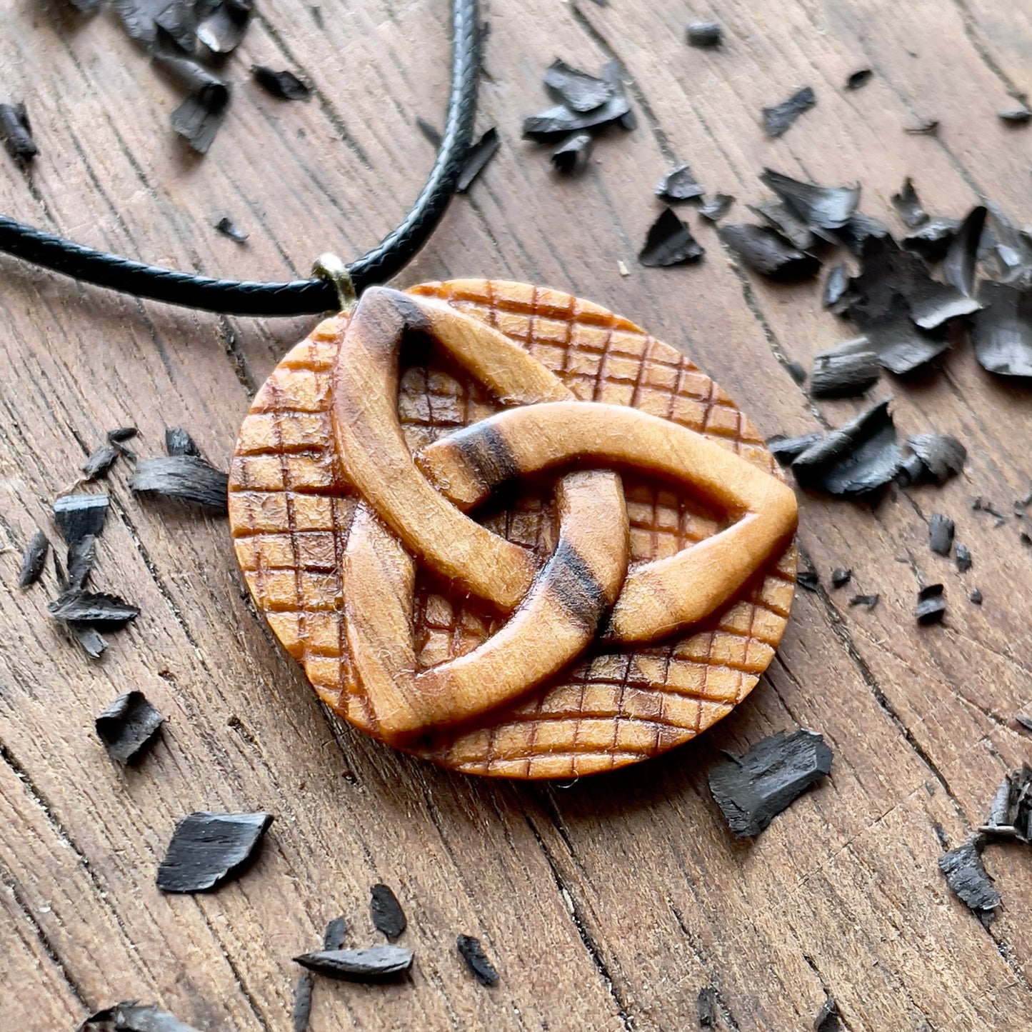 Triskelion And Triquetra Olive Wood Pendant