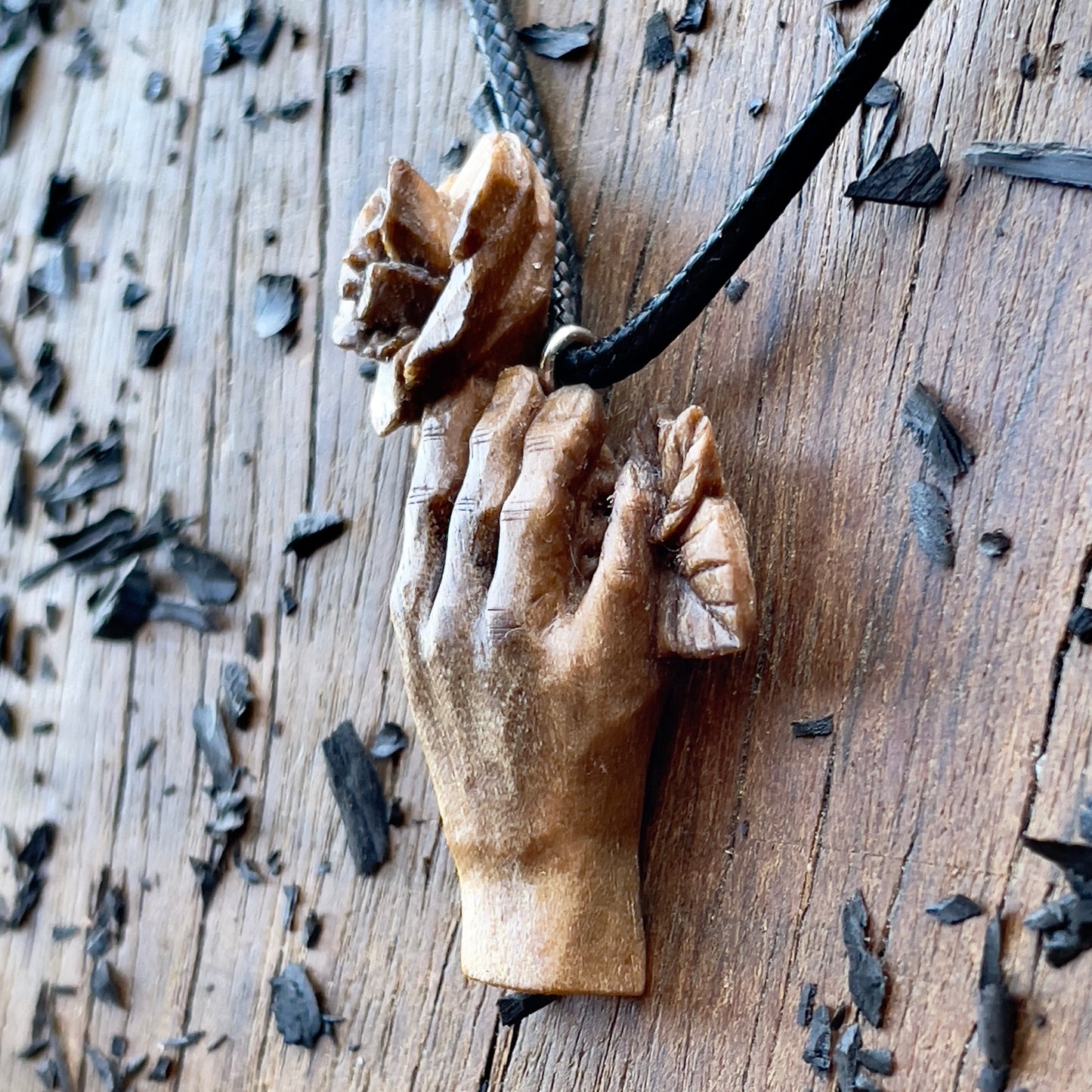 Hand With Rose Walnut Wood Pendant