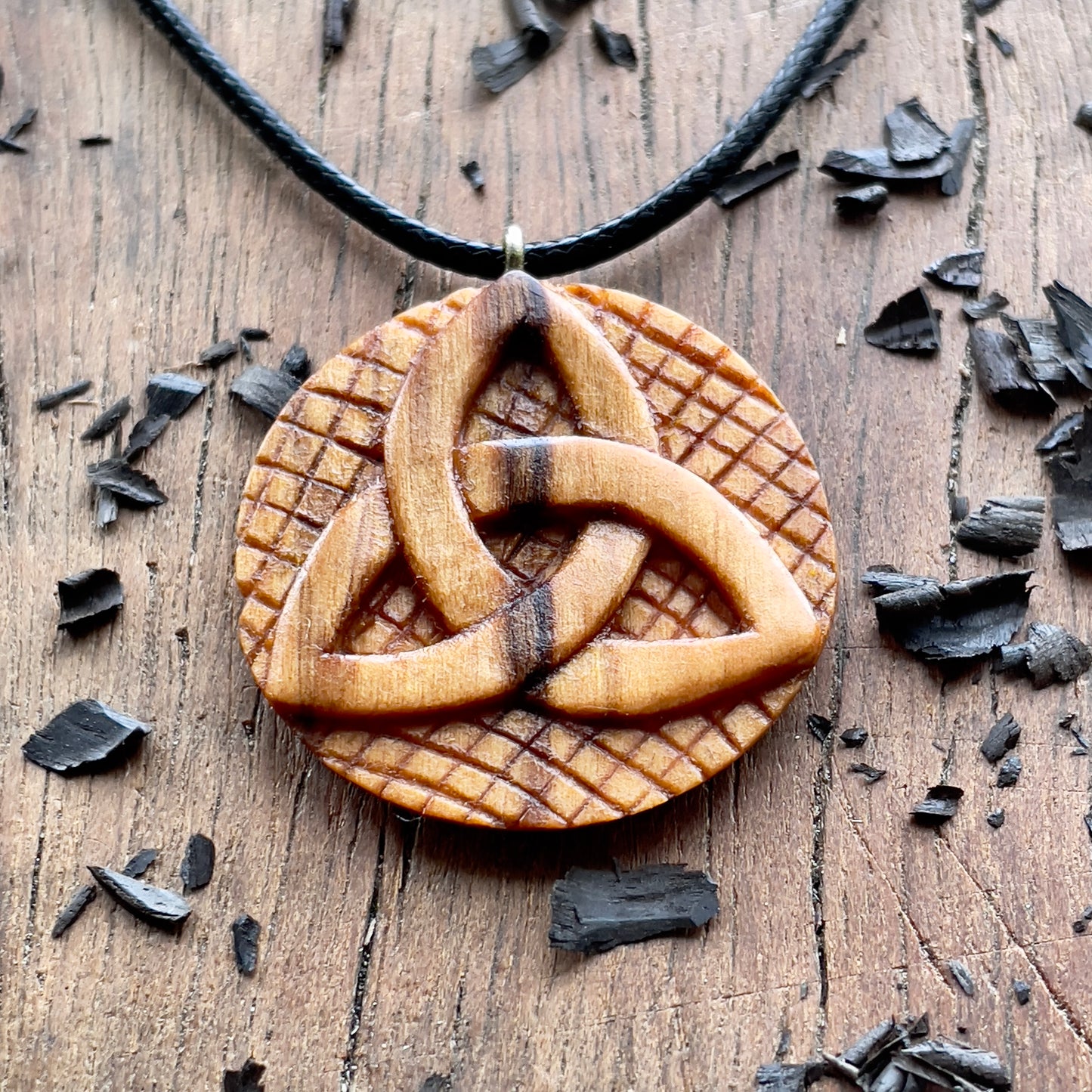 Triskelion And Triquetra Olive Wood Pendant