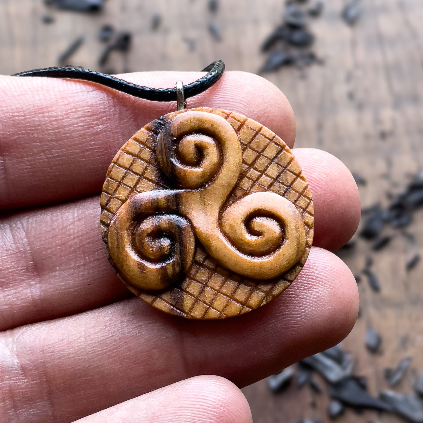 Triskelion And Triquetra Olive Wood Pendant