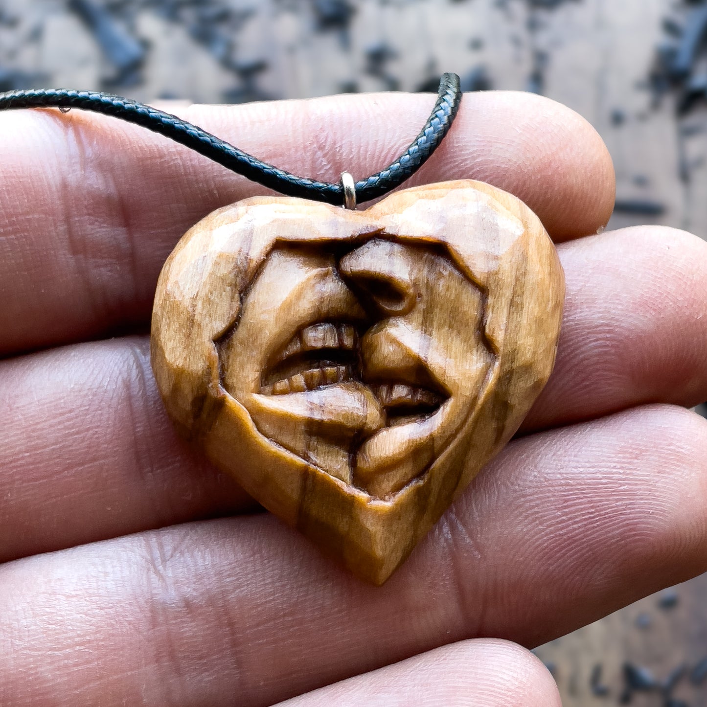 Sensual Kiss Heart Olive Wood Pendant