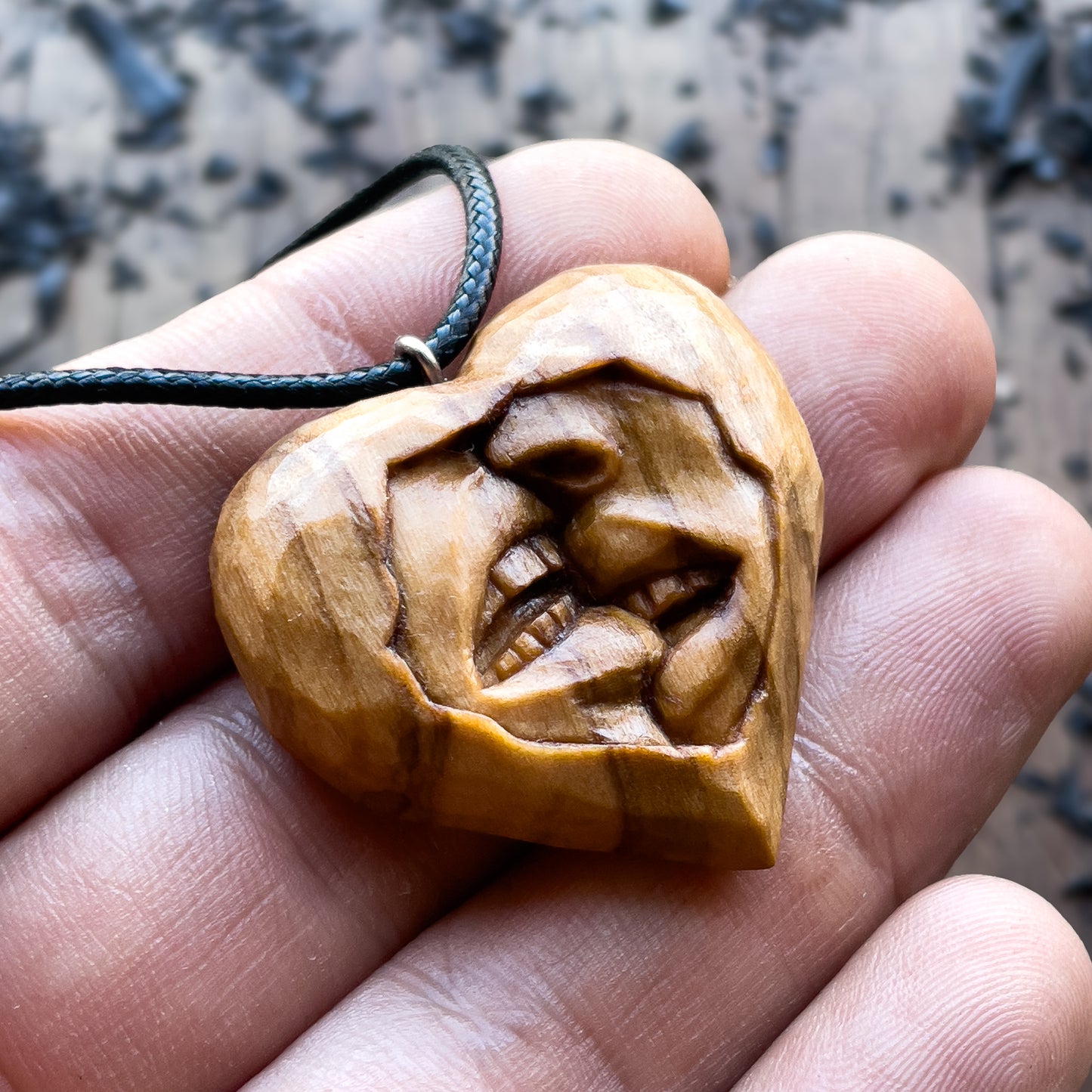 Sensual Kiss Heart Olive Wood Pendant