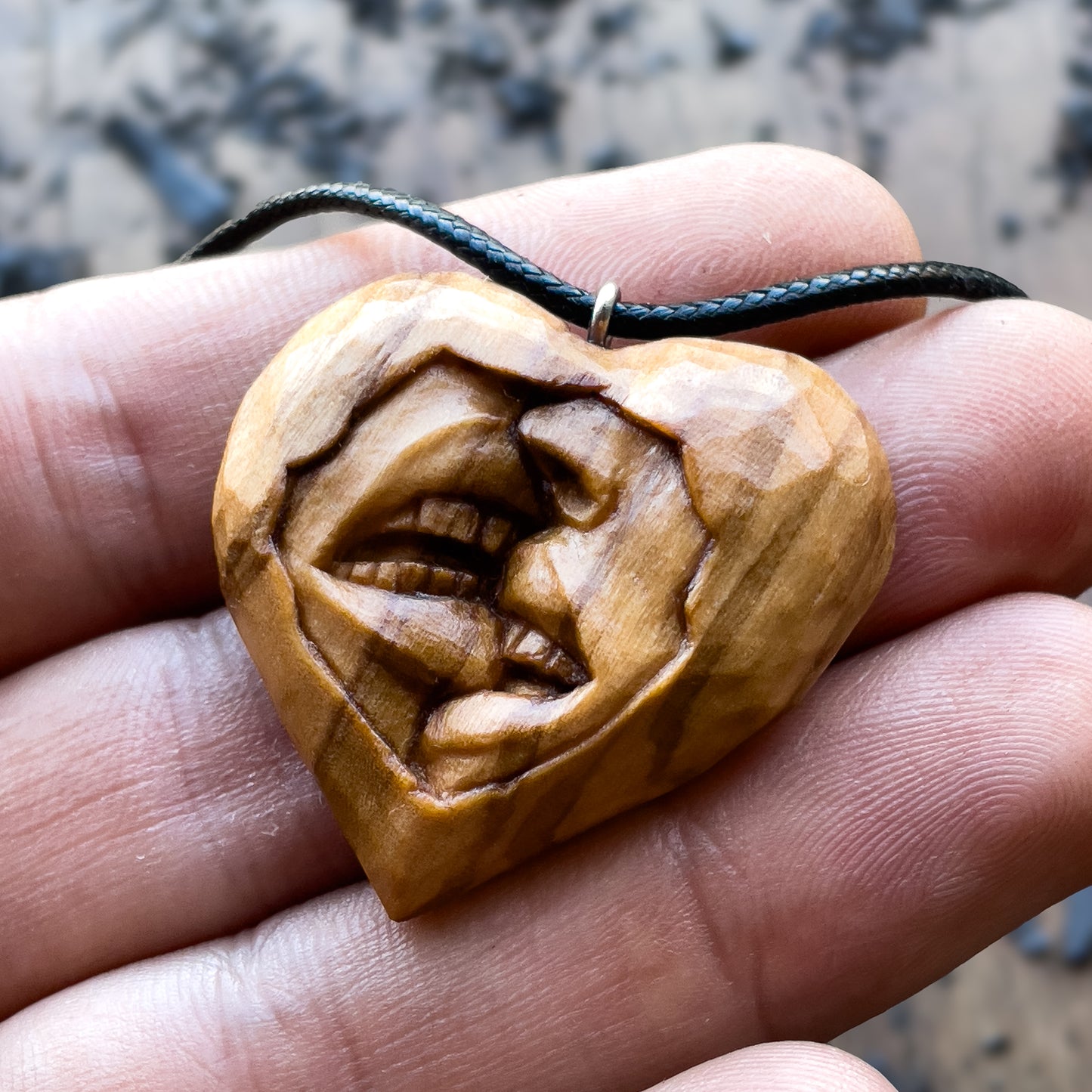 Sensual Kiss Heart Olive Wood Pendant