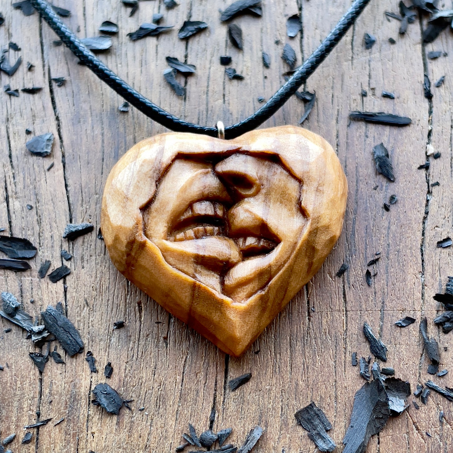 Sensual Kiss Heart Olive Wood Pendant