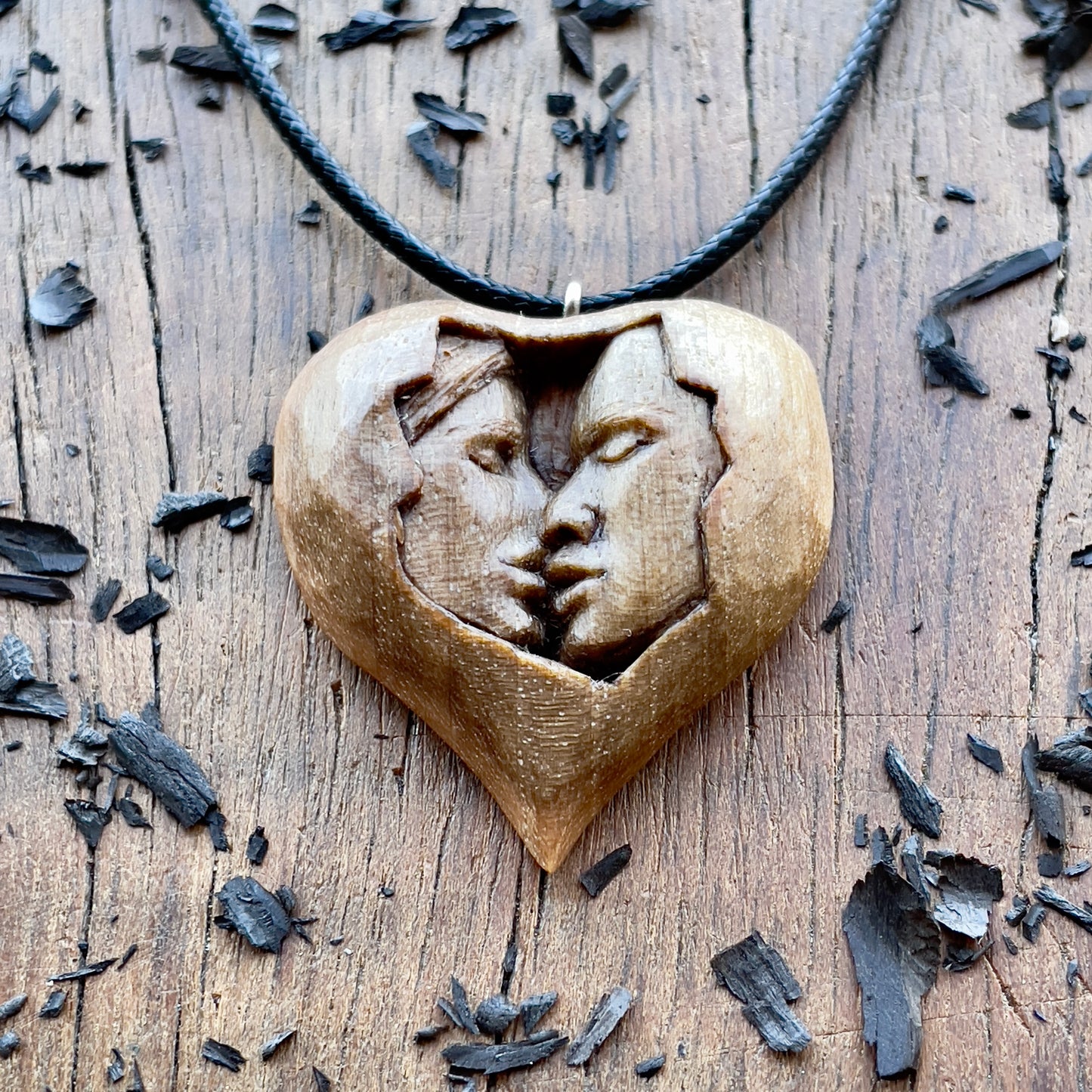 Kiss Into Heart Walnut Wood Pendant