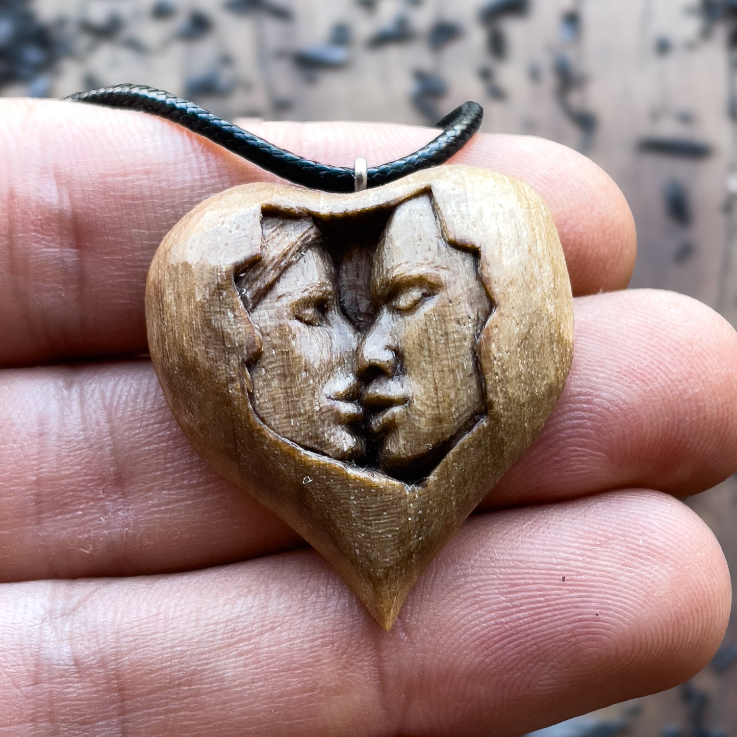 Kiss Into Heart Walnut Wood Pendant