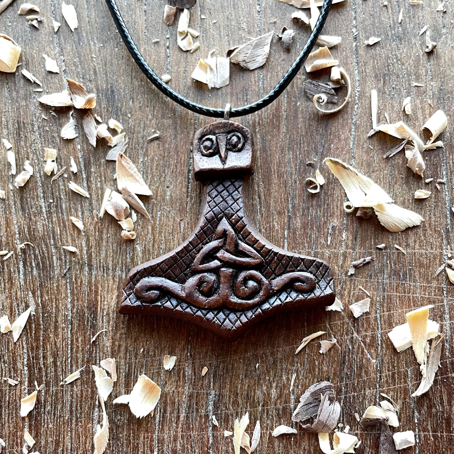 Mjolnir Triquetra Walnut Wood Pendant