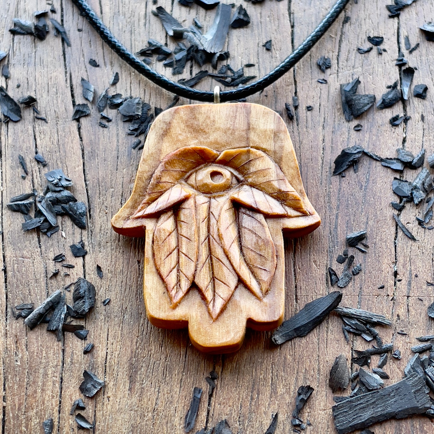 Hamsa With Leaves Olive Wood Pendant