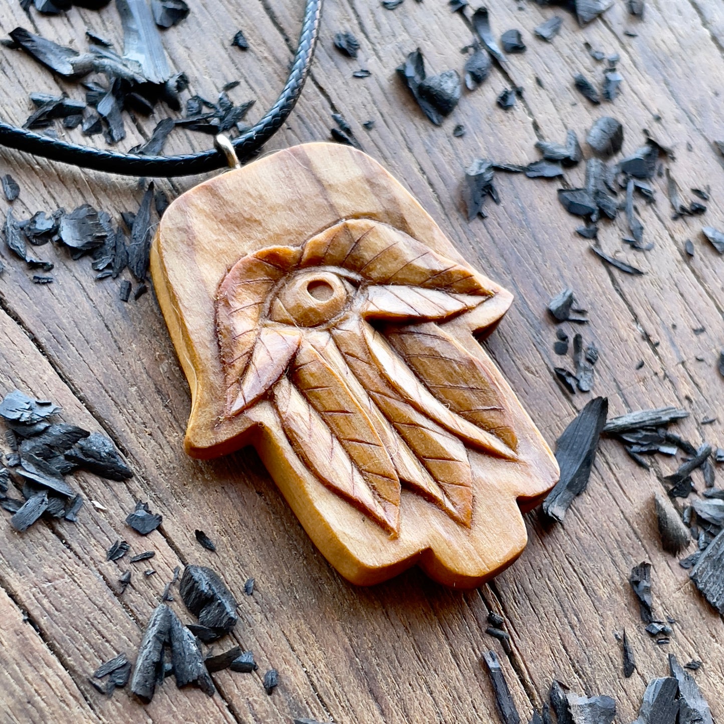 Hamsa With Leaves Olive Wood Pendant