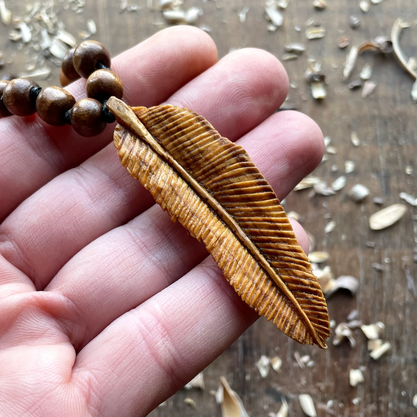 Feather Olive Wood Pendant