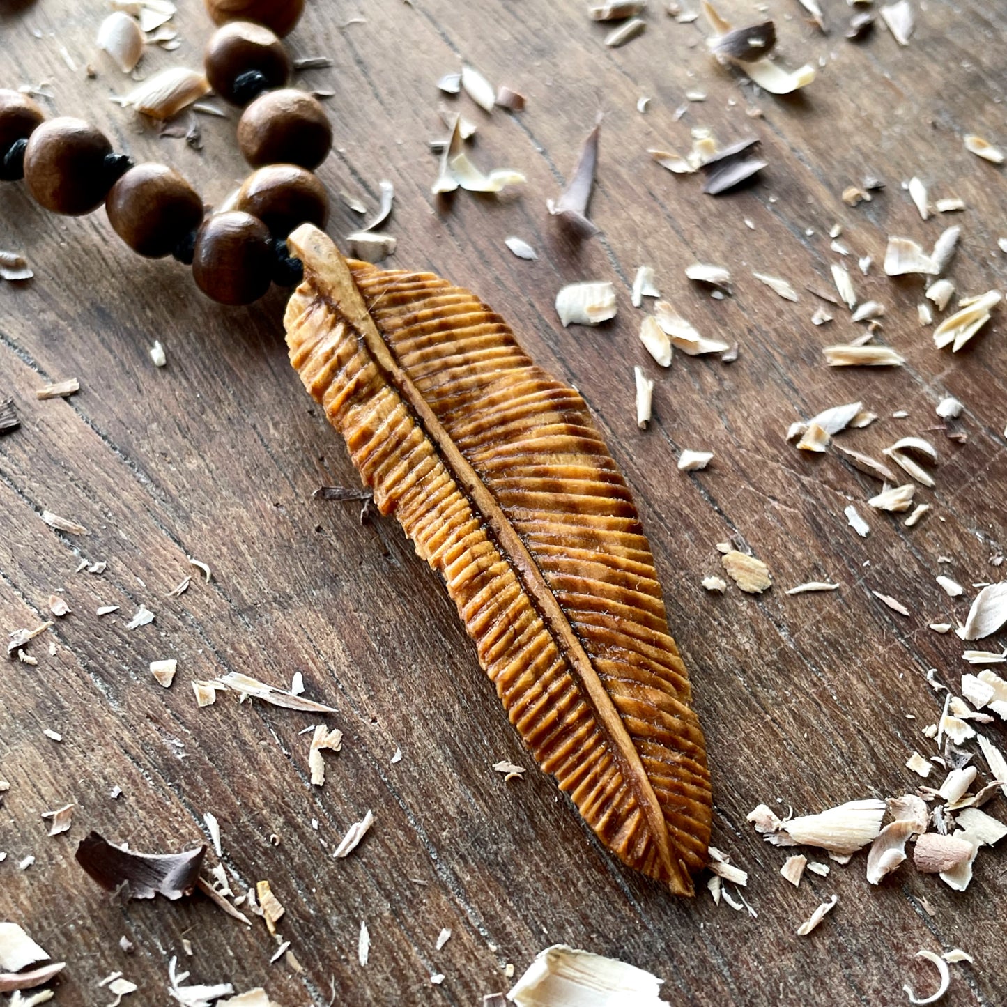 Feather Olive Wood Pendant