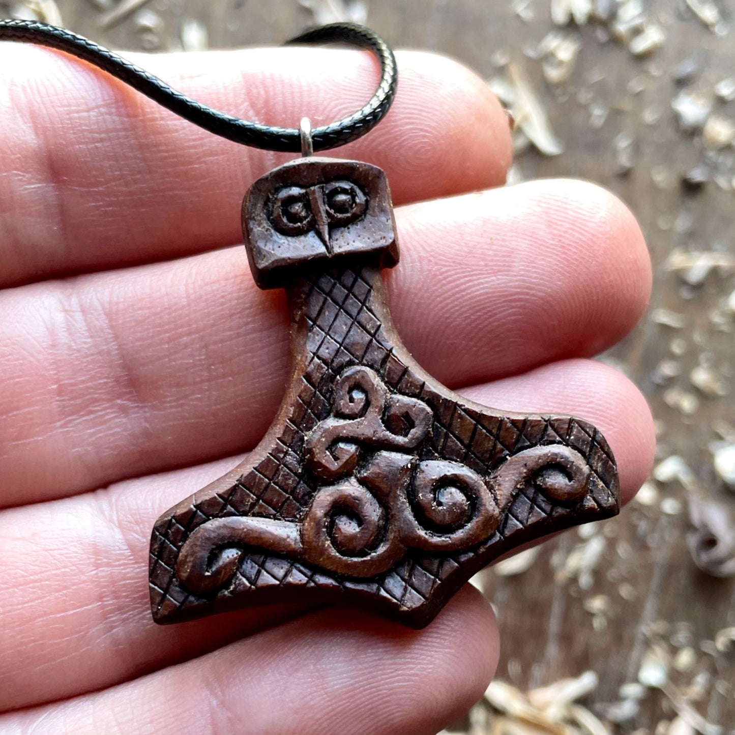 Mjolnir Triskelion Walnut Wood Pendant