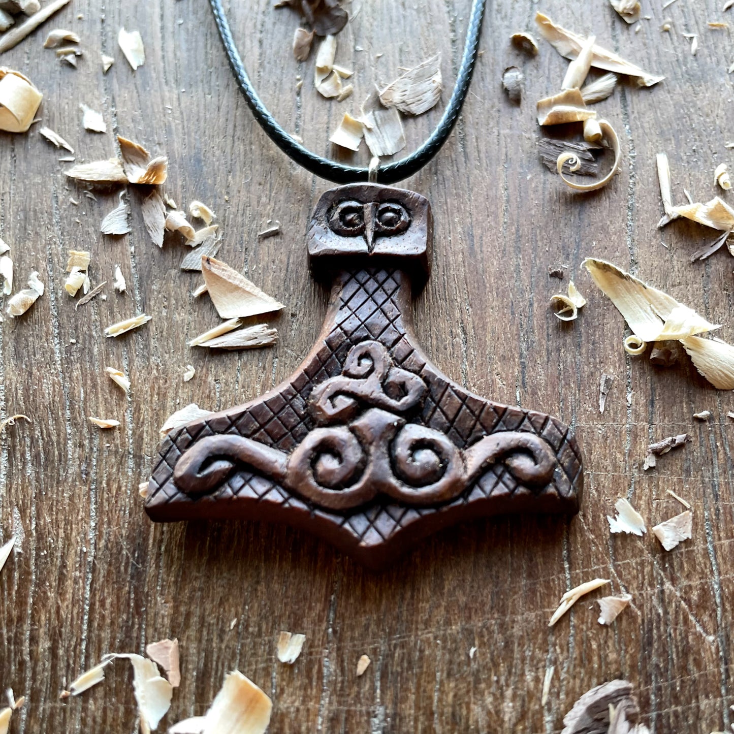 Mjolnir Triskelion Walnut Wood Pendant