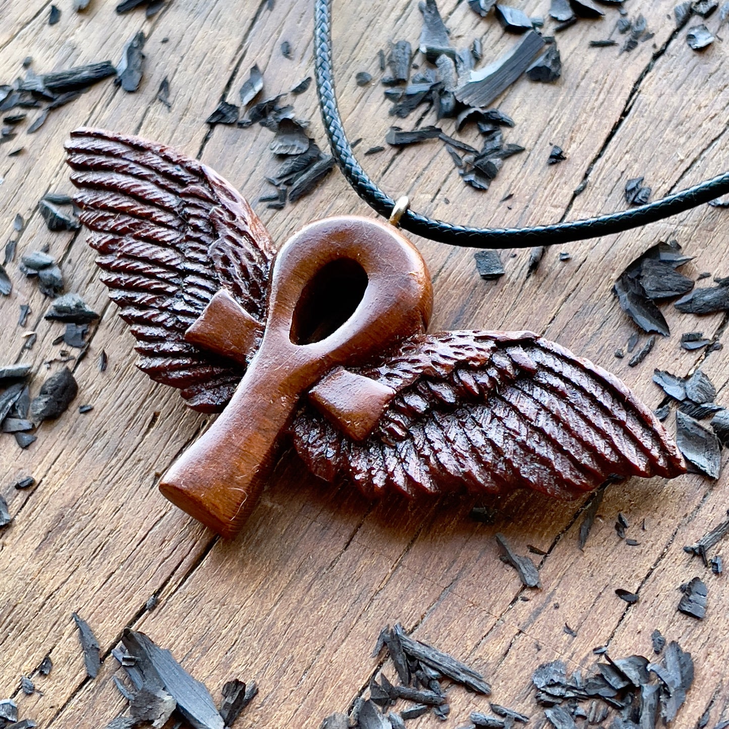 Ankh with Wings Almond Wood Pendant
