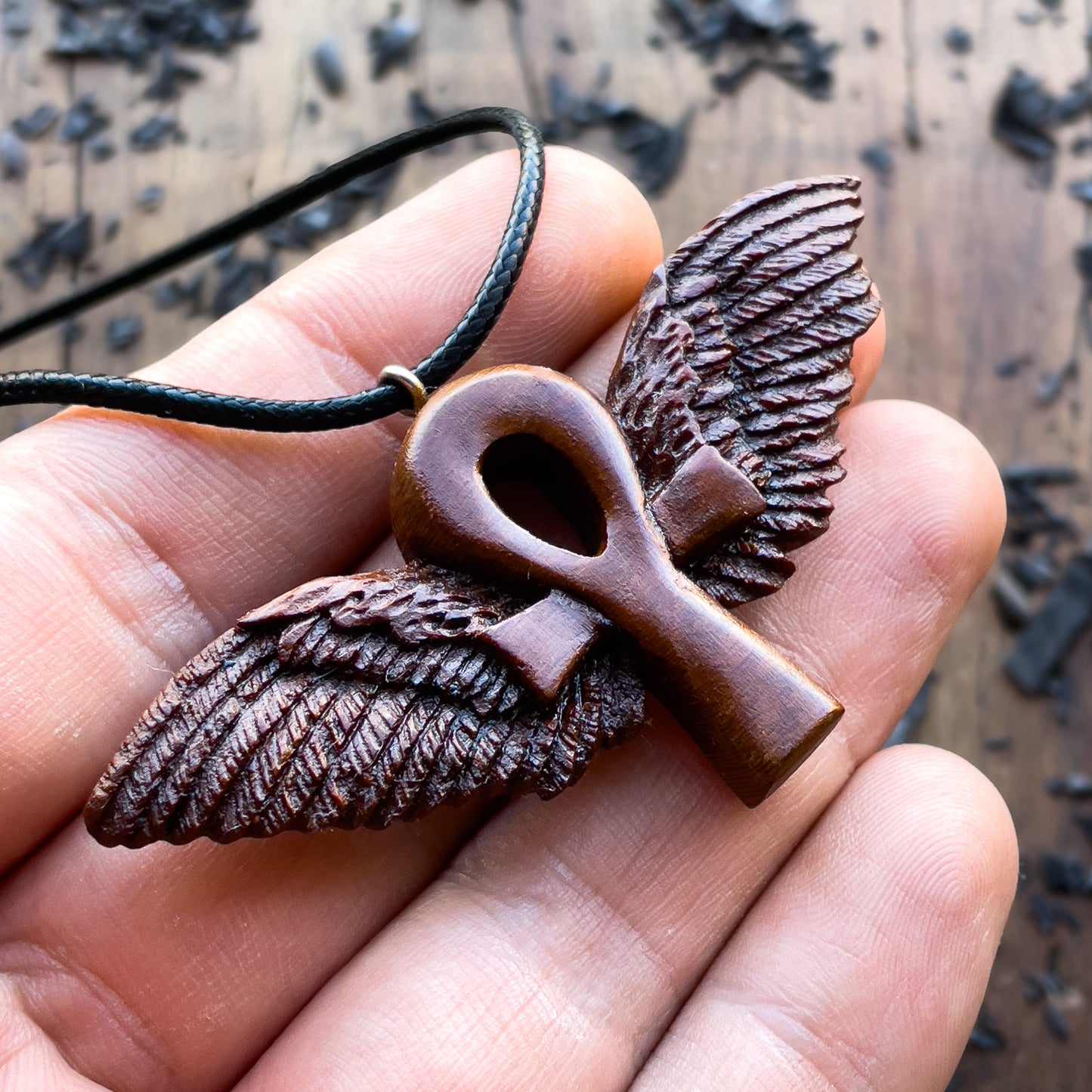 Ankh with Wings Almond Wood Pendant