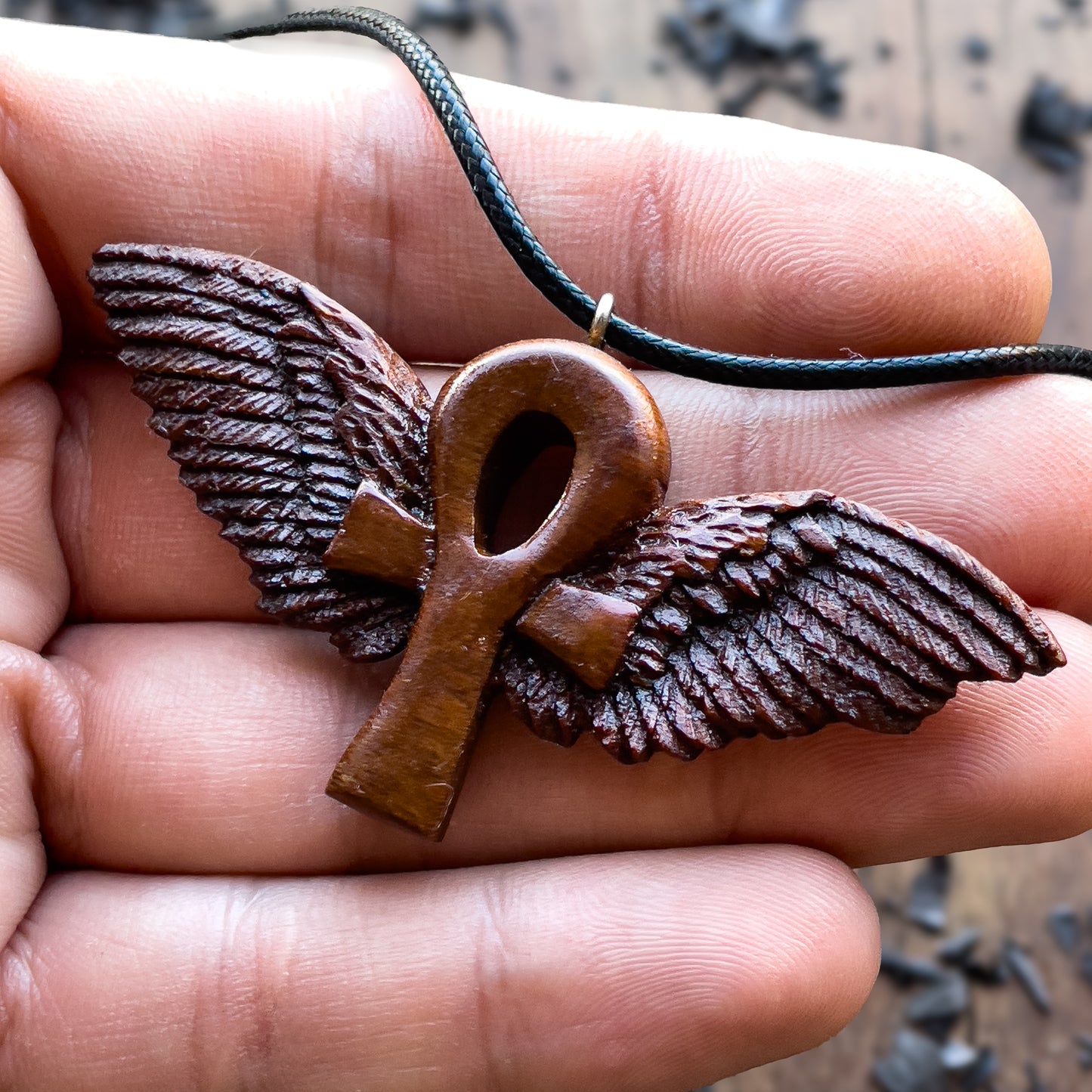 Ankh with Wings Almond Wood Pendant