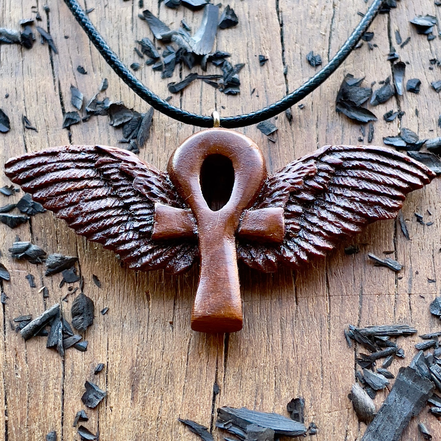 Ankh with Wings Almond Wood Pendant