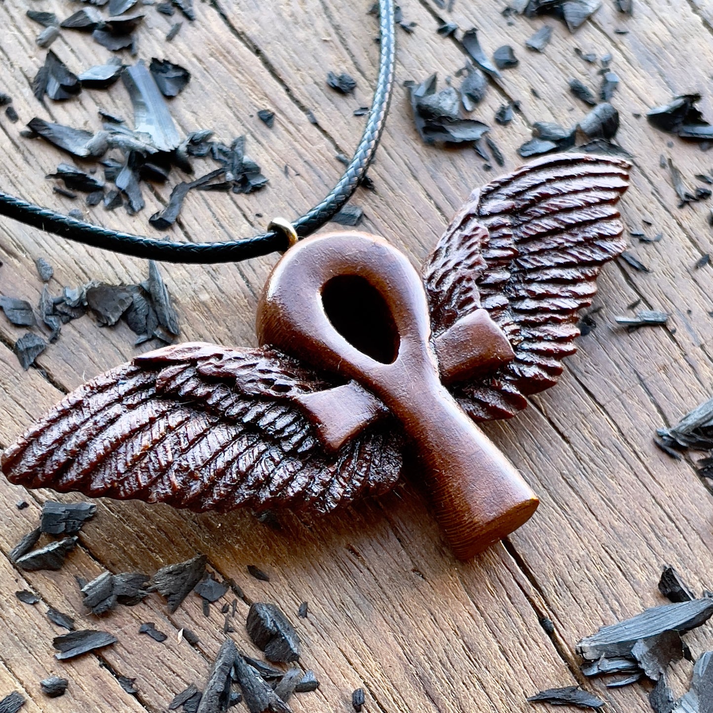 Ankh with Wings Almond Wood Pendant