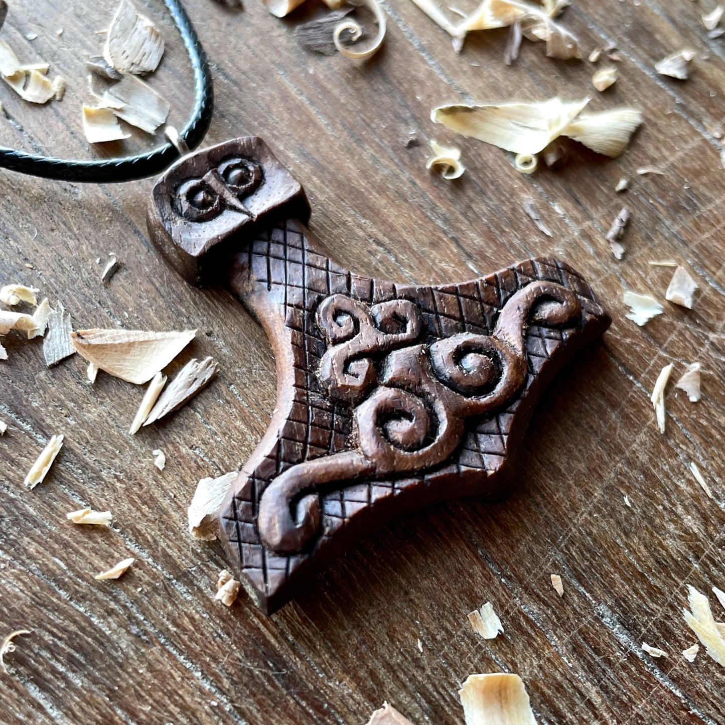 Mjolnir Triskelion Walnut Wood Pendant