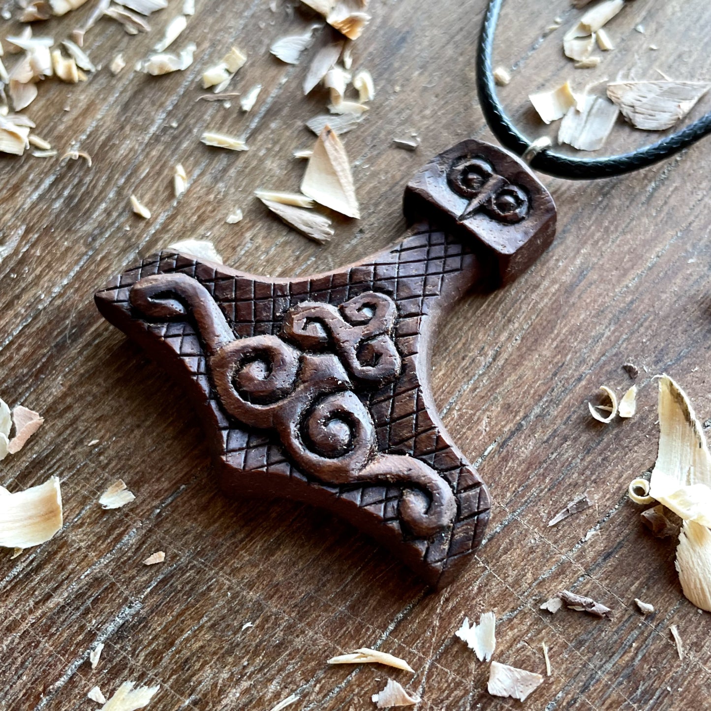 Mjolnir Triskelion Walnut Wood Pendant