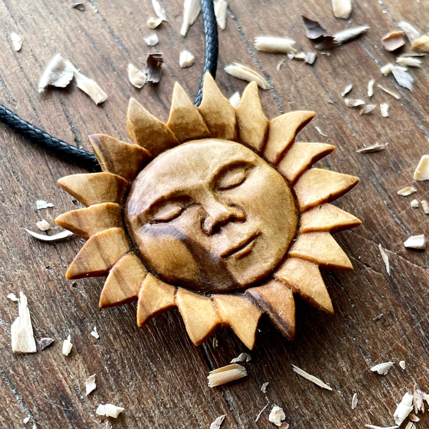Sun Face Olive Wood Pendant