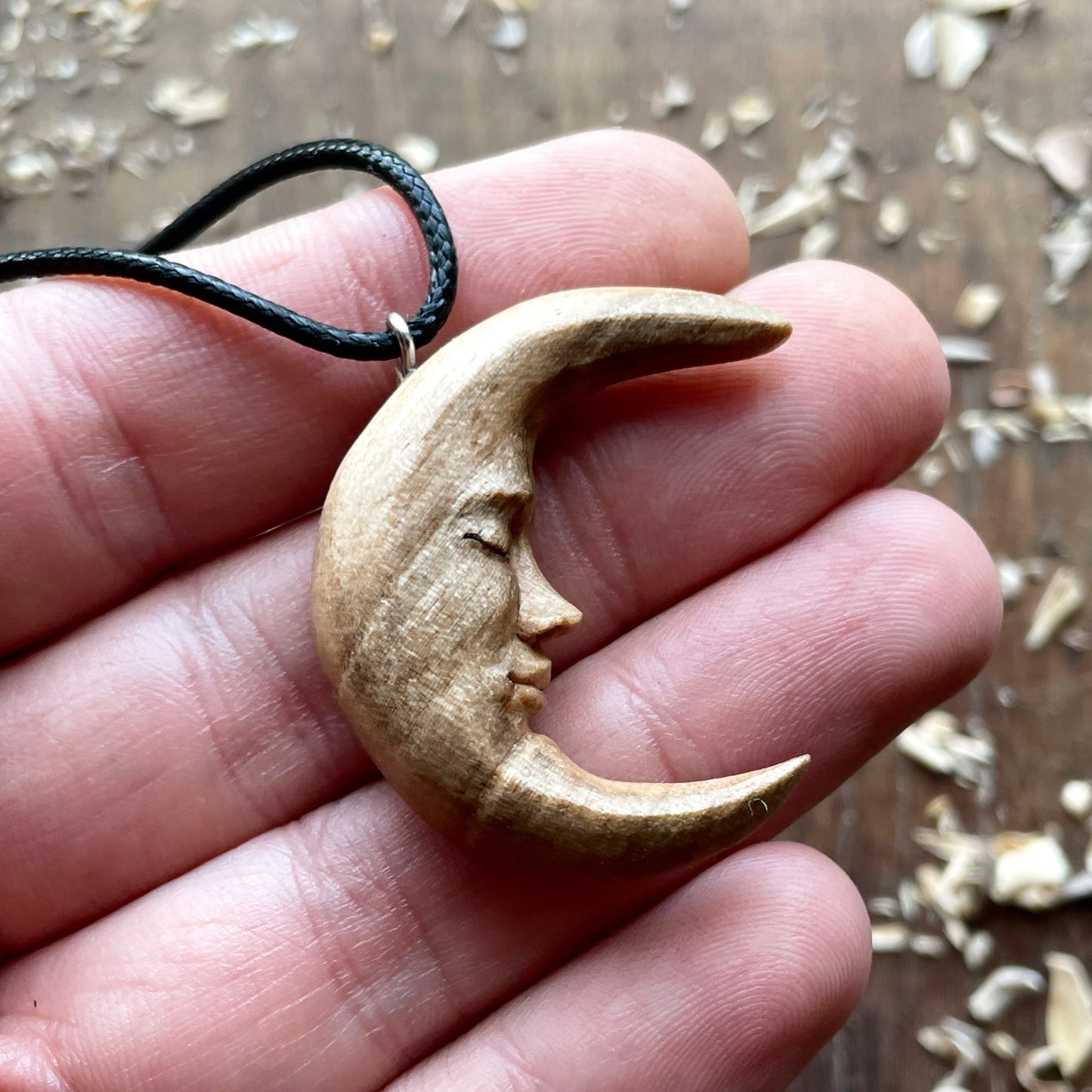 Moon Face Walnut Wood Pendant