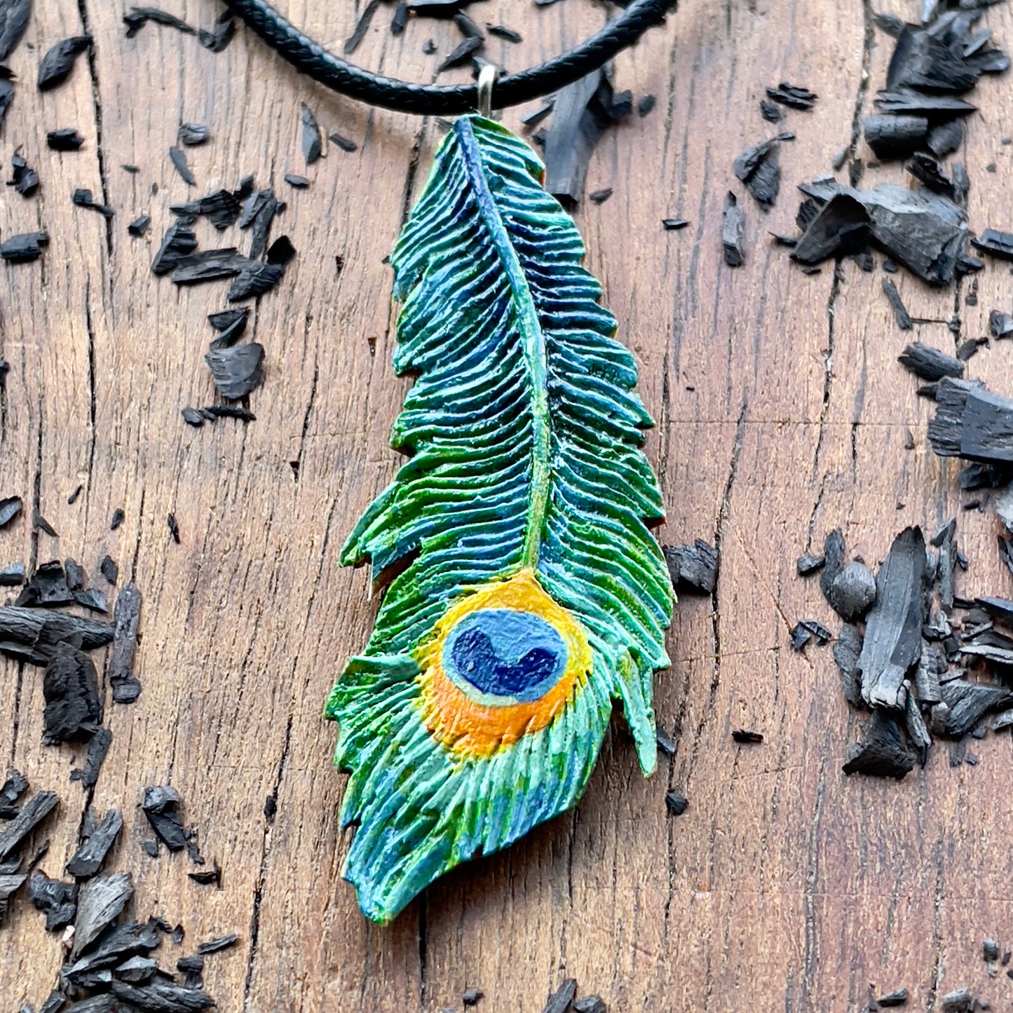 Peacock Feather Walnutood Pendant