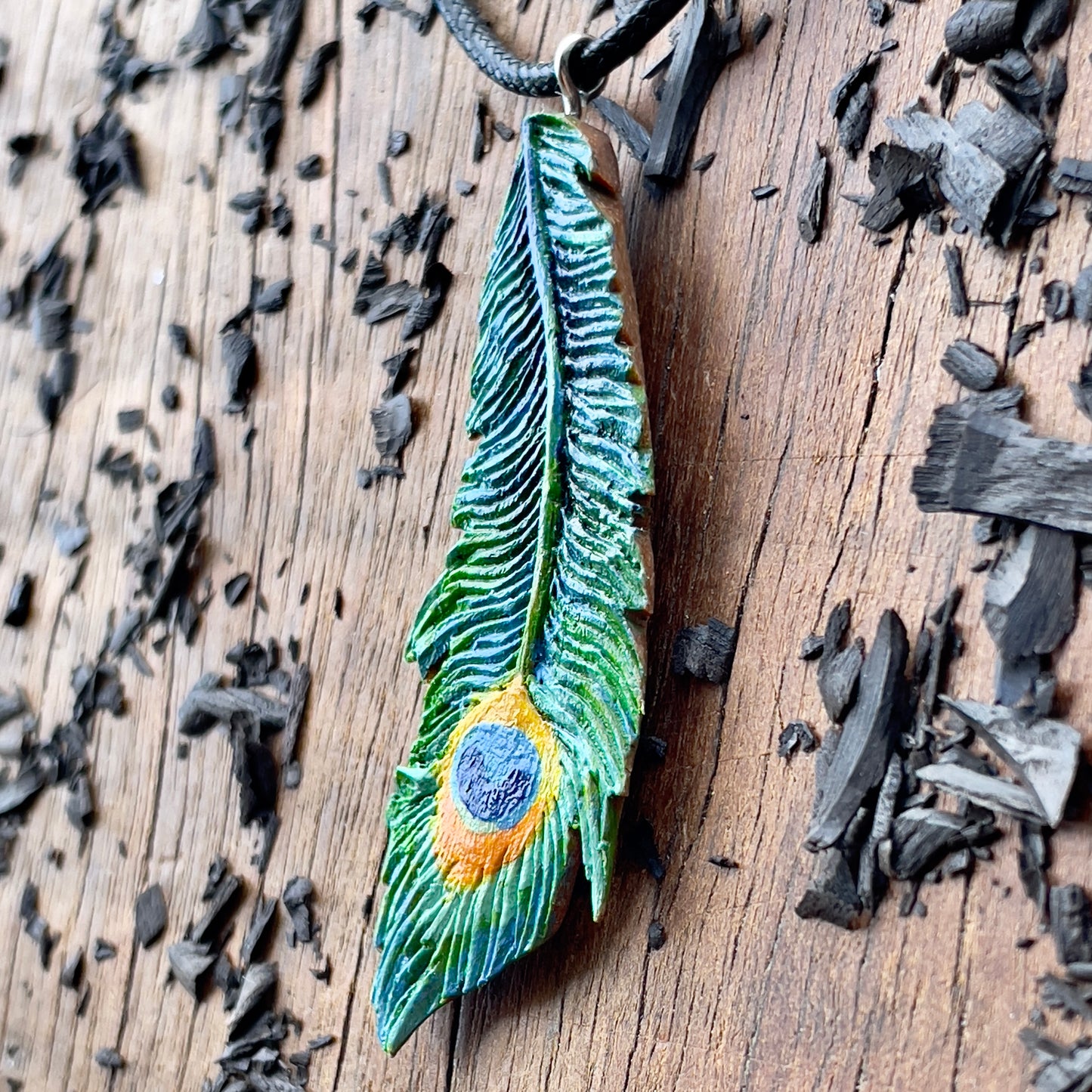 Peacock Feather Walnutood Pendant