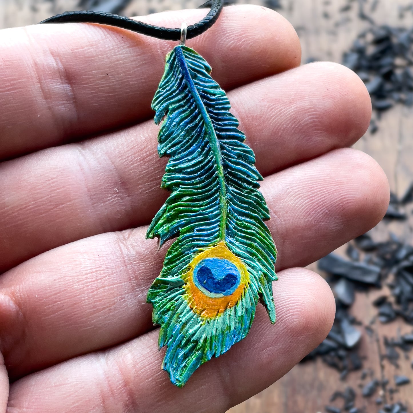 Peacock Feather Walnutood Pendant