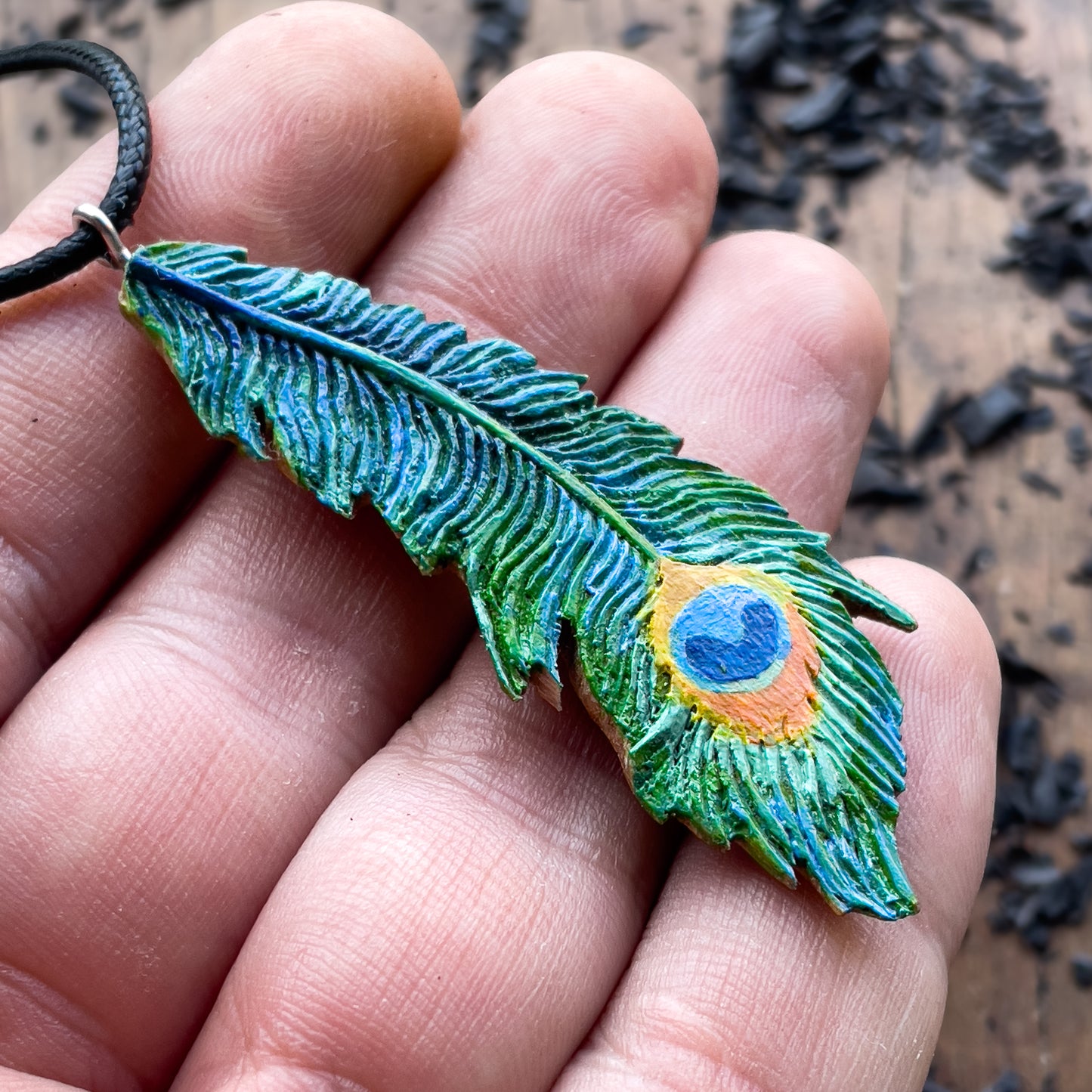 Peacock Feather Walnutood Pendant