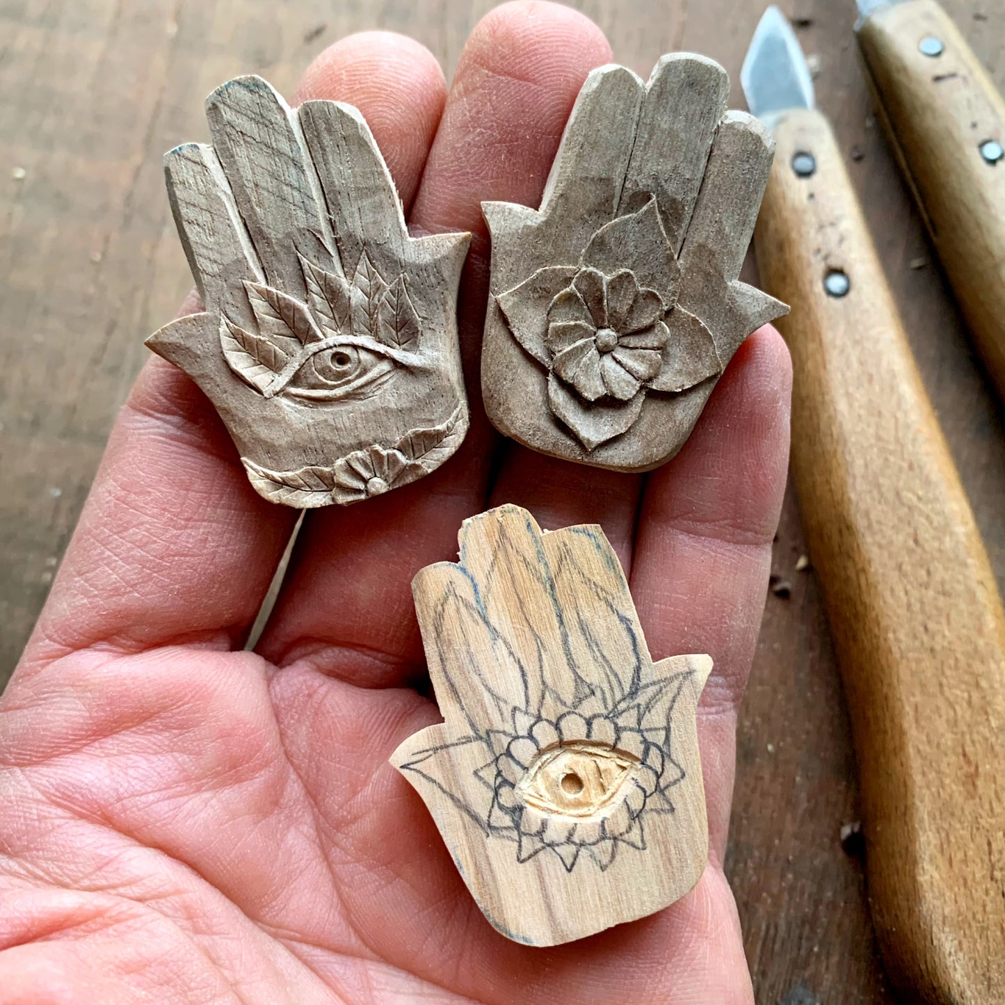 Hamsa With Leaves Olive Wood Pendant