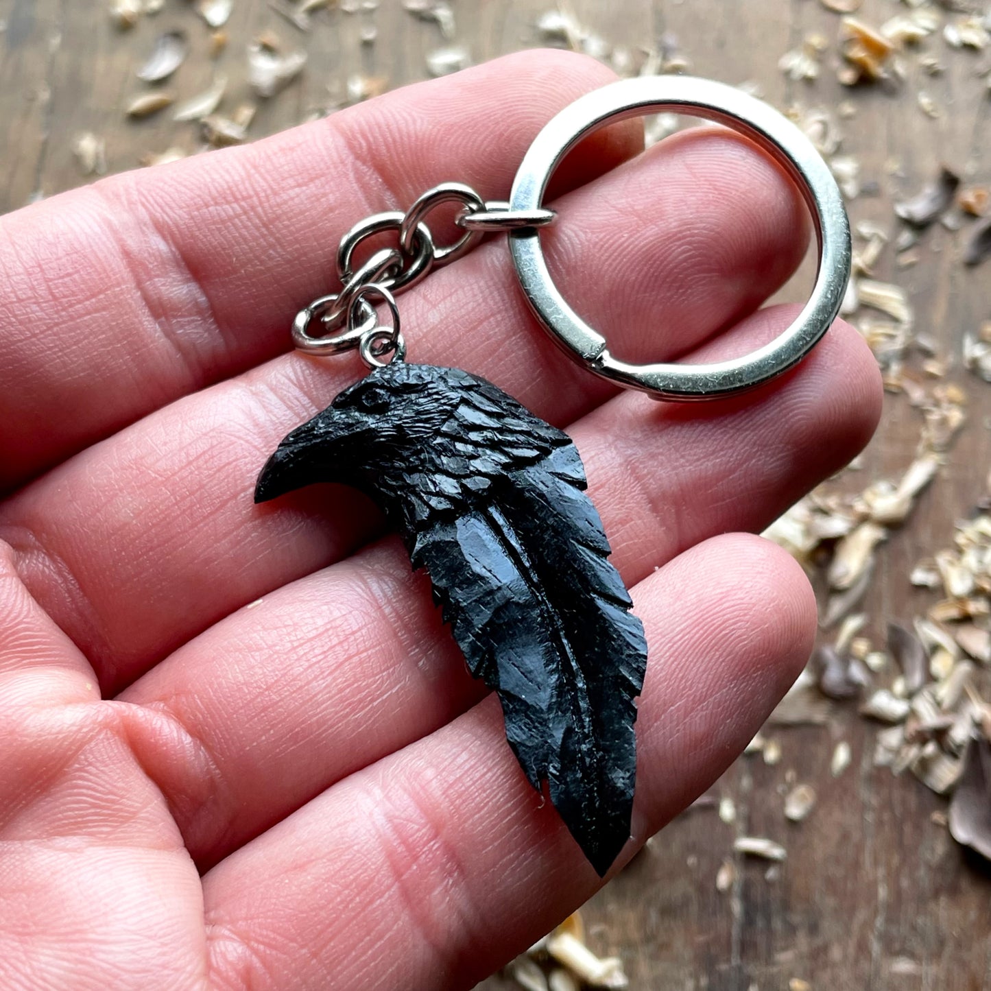 Raven’s Head-Feather Ebony Wood Keychain