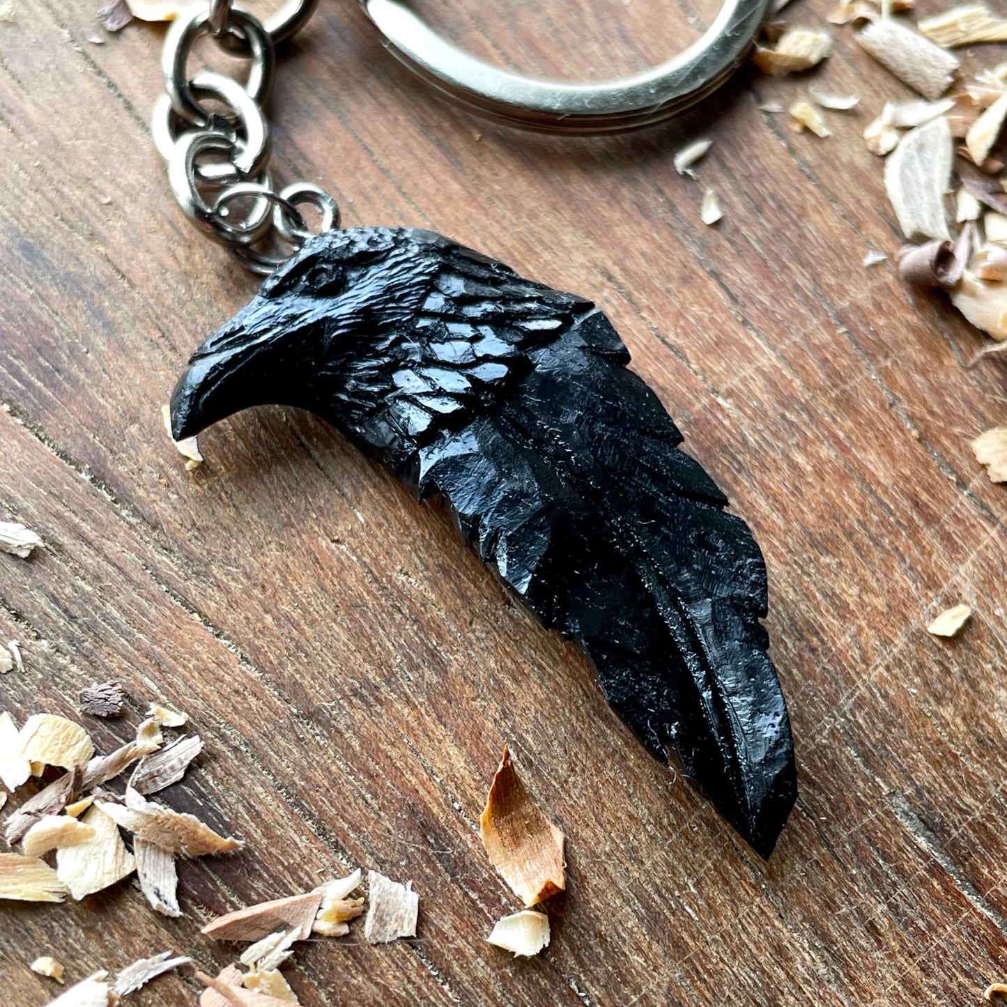Raven’s Head-Feather Ebony Wood Keychain