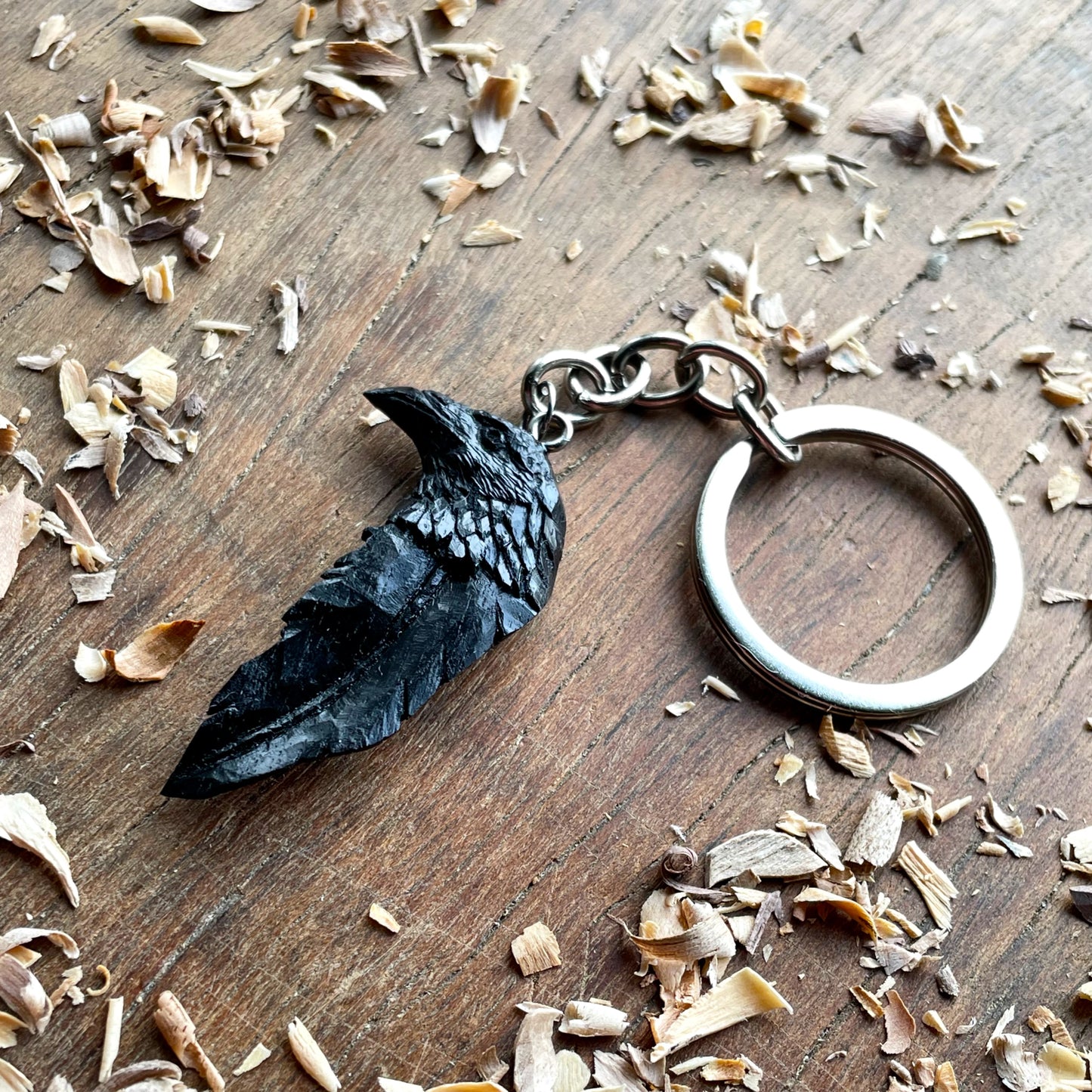 Raven’s Head-Feather Ebony Wood Keychain