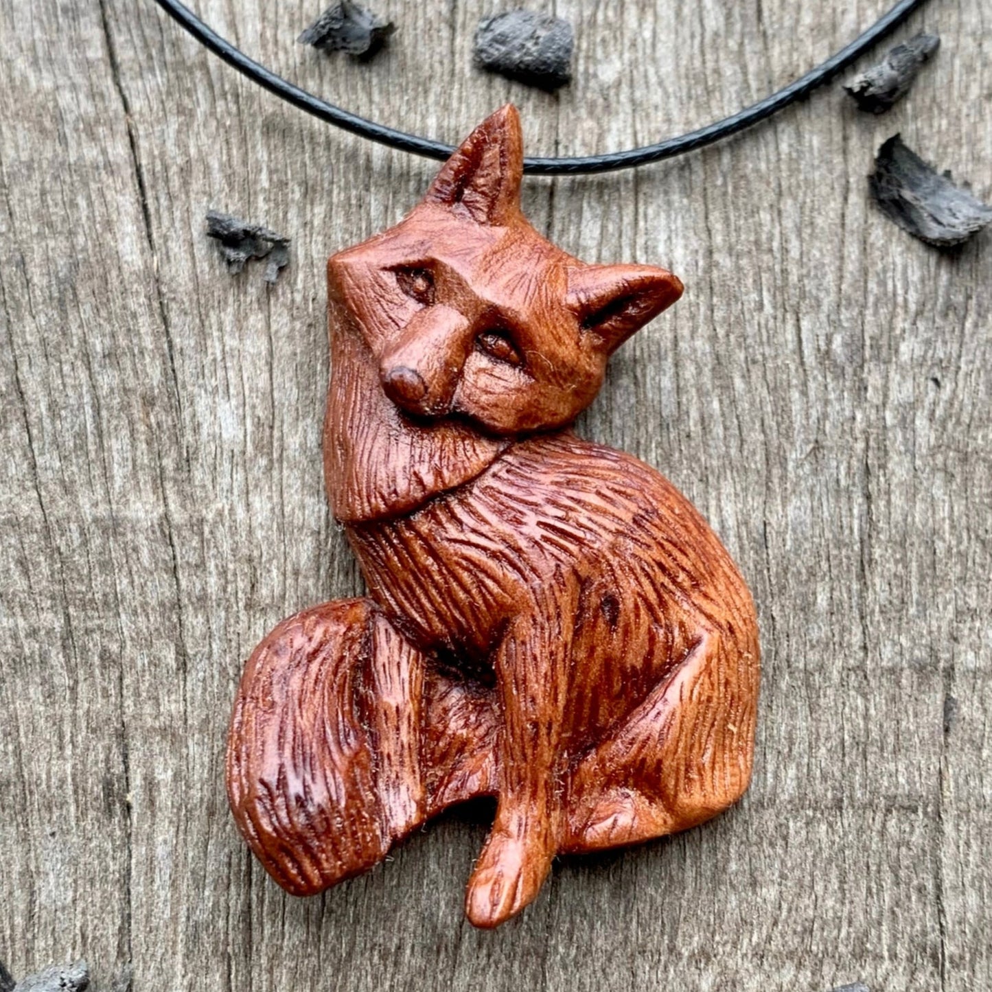 Hand Carved Fox Necklace, Fox Pendant, Apricot Wood Jewelry