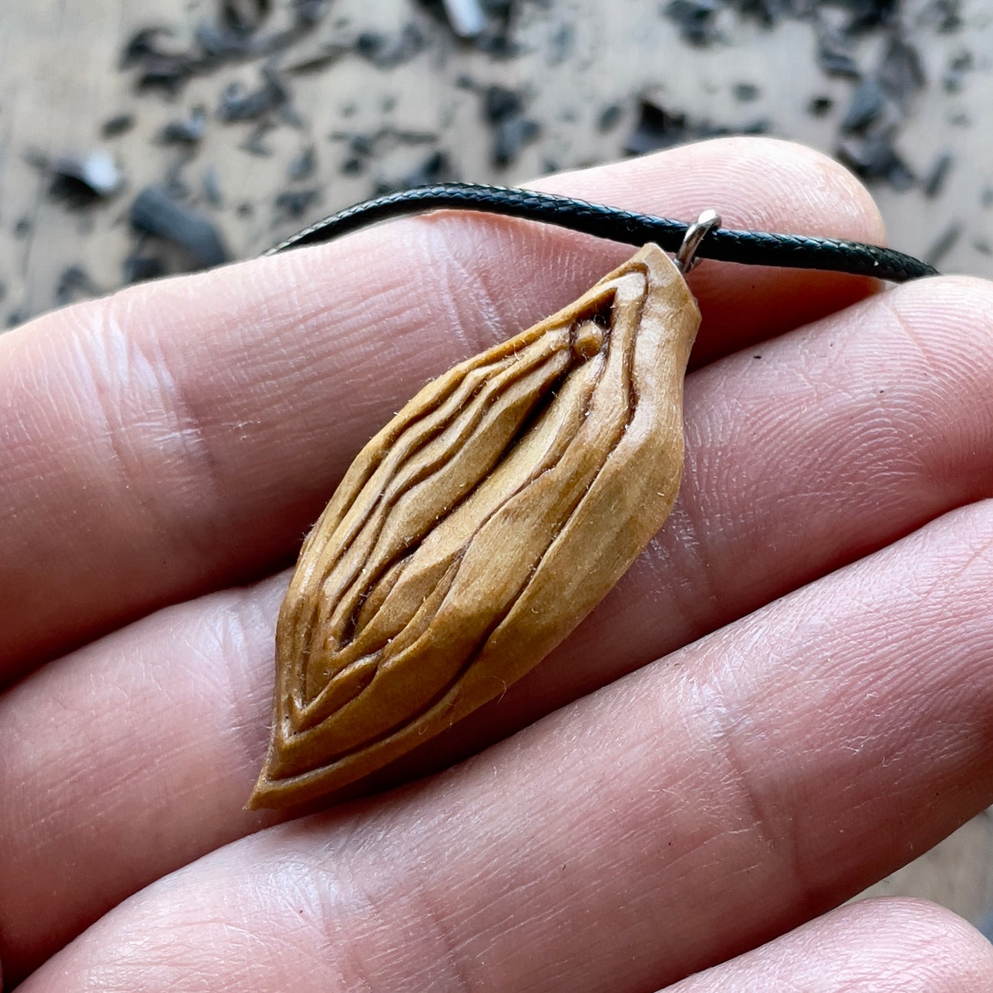 Abstract Vulva Pendant in Olive Wood