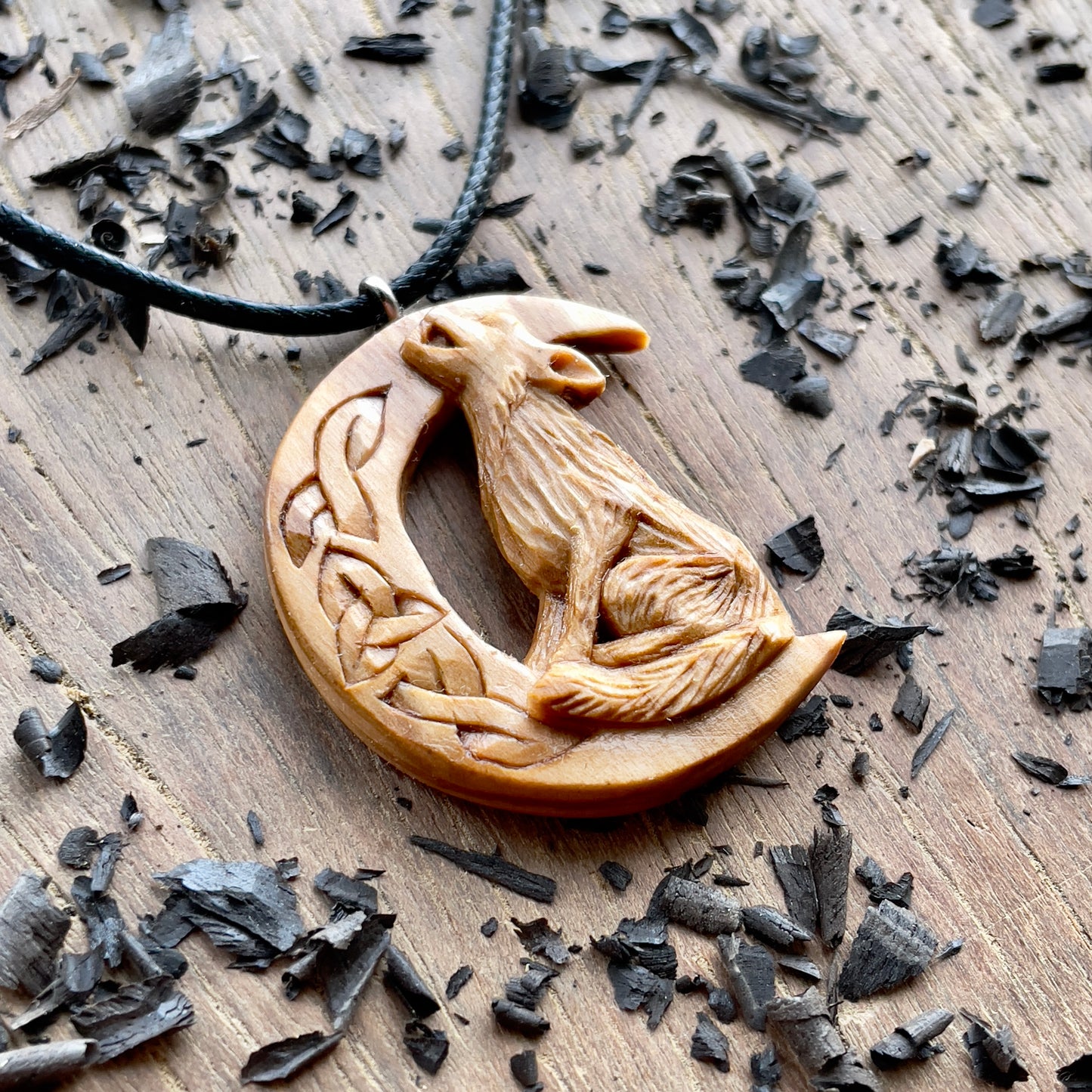 Wolf on the Moon Pendant with Triquetra