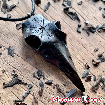 Raven Skull Helm Of Awe Ebony Wood Pendant
