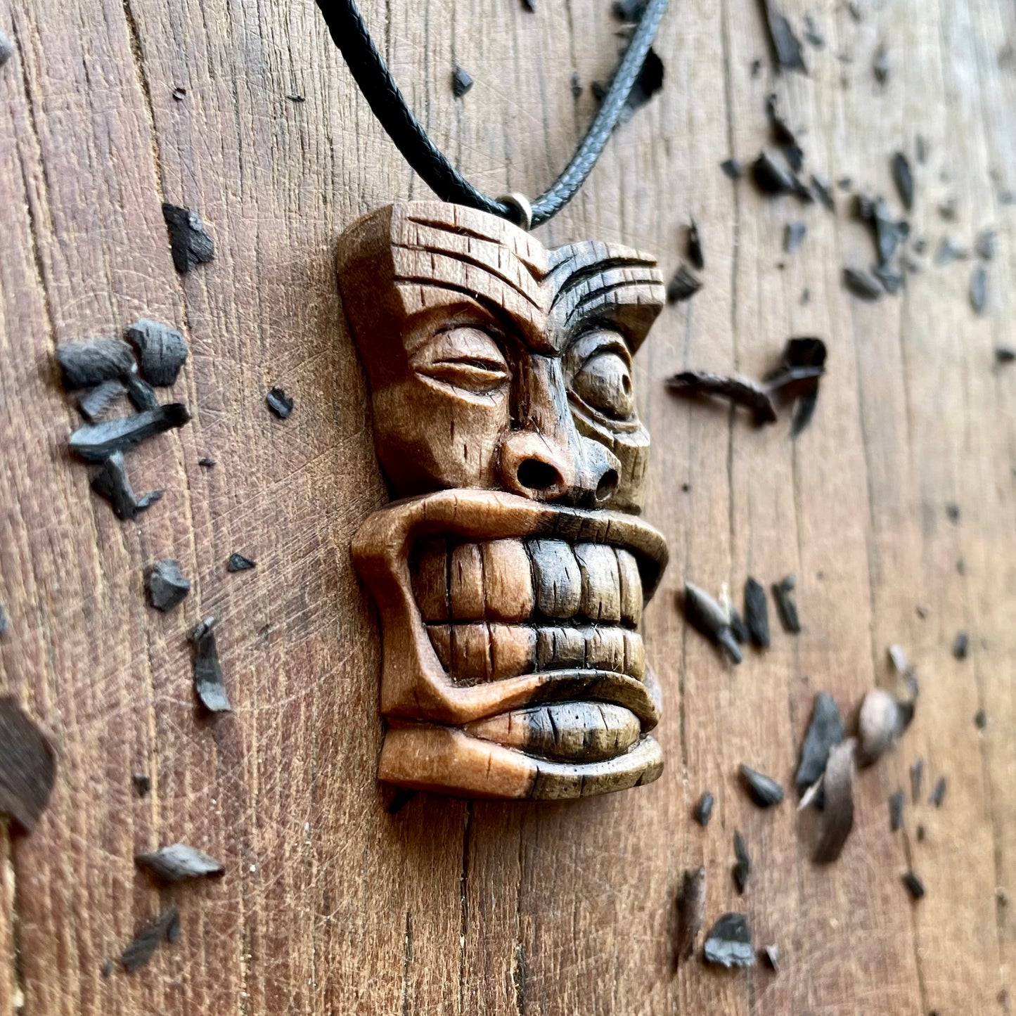 Winking Tiki Mask Italian Walnut Wood Pendant