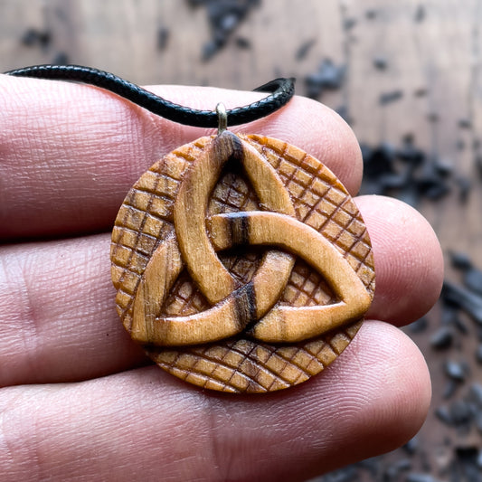 Triskelion And Triquetra Olive Wood Pendant
