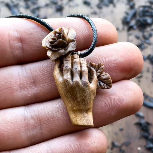 Hand With Rose Walnut Wood Pendant