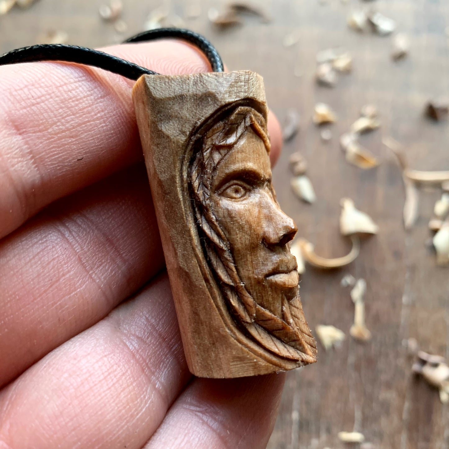 Green Man Walnut Wood Pendant