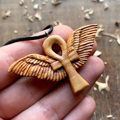 Ankh with Wings Necklace, Handmade Olive Wood Pendant